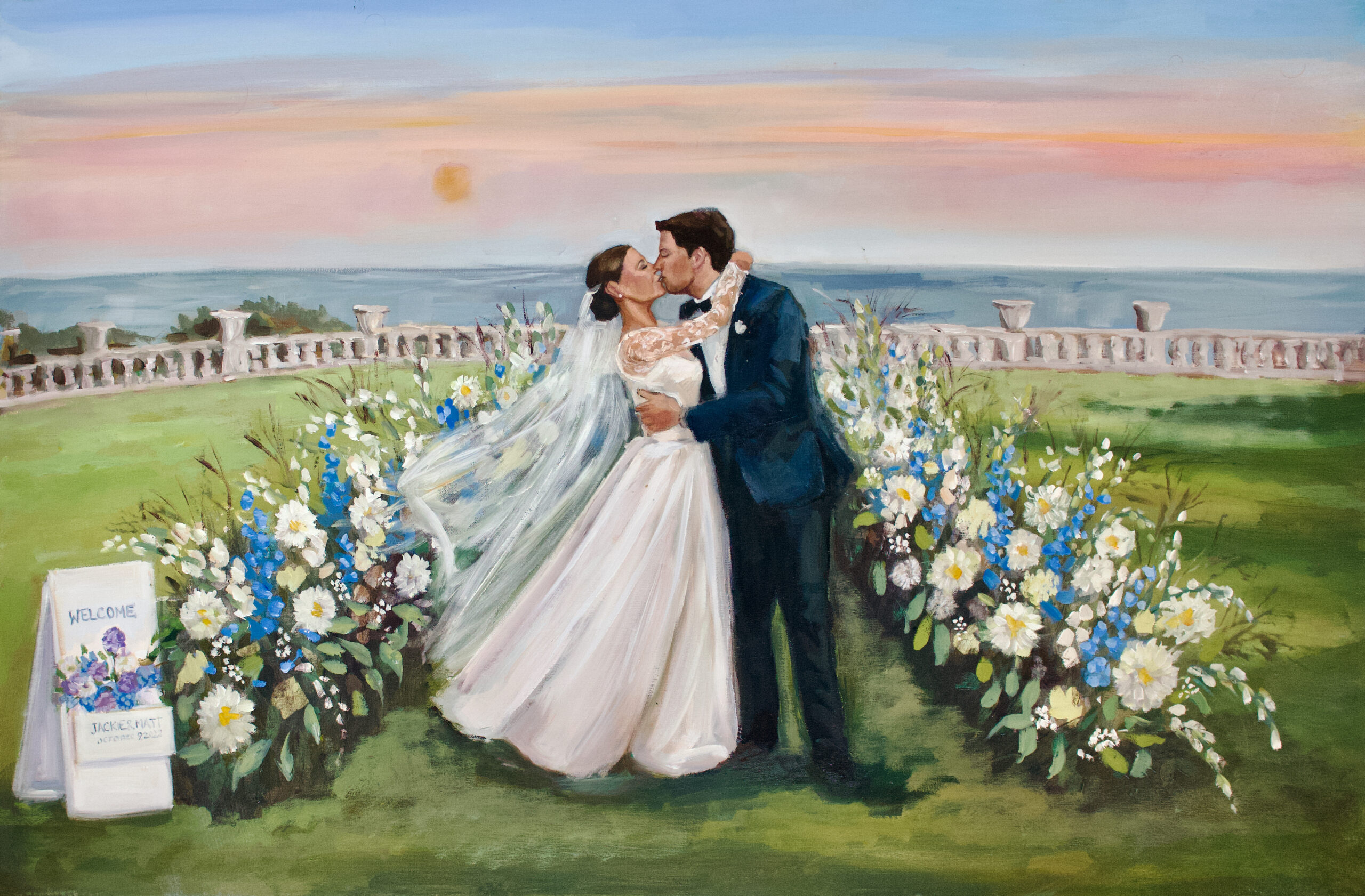 live wedding painting of bride and groom's ceremony rosecliff mansion newport ri