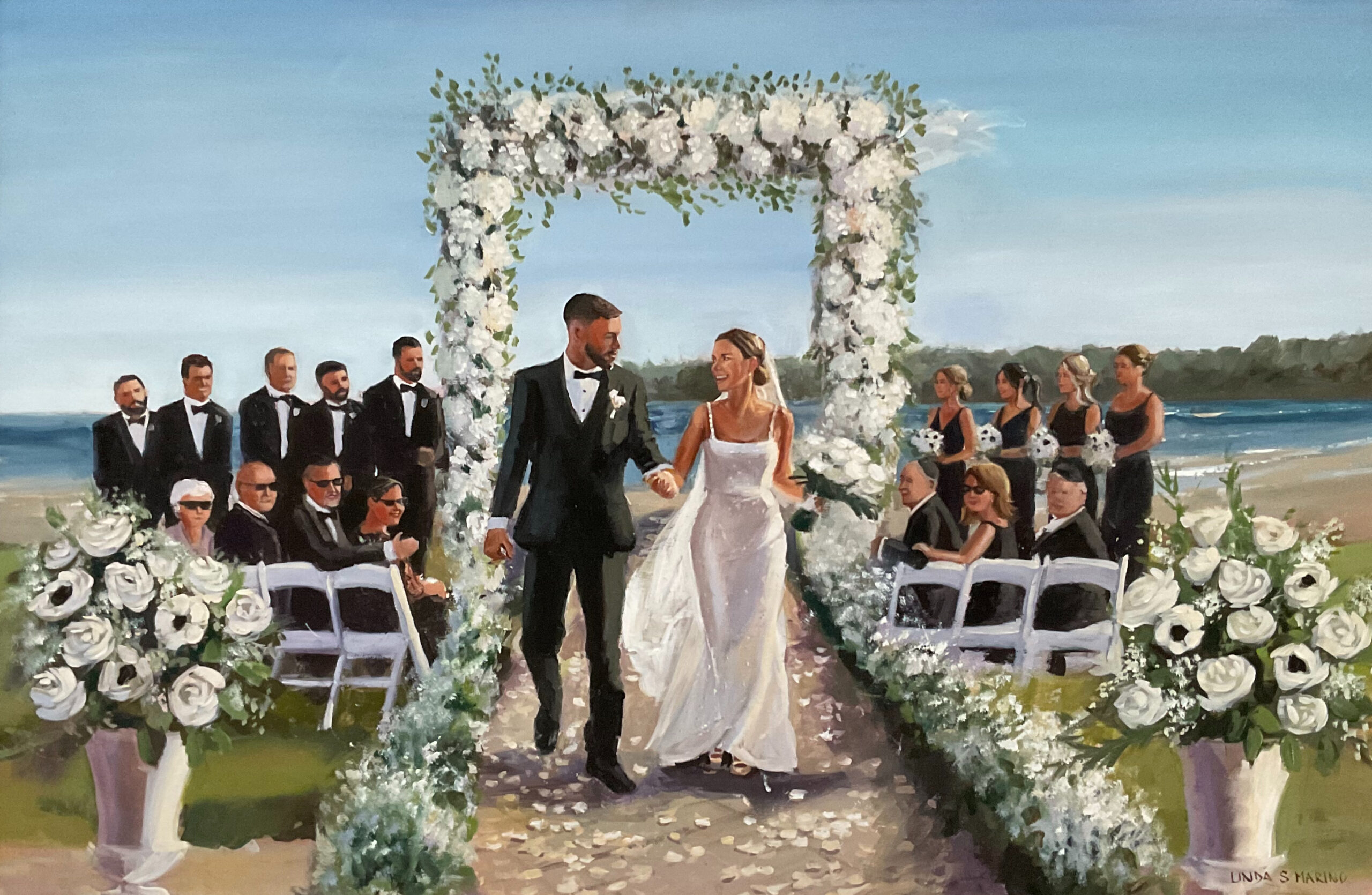 Painting of bride and groom walking down aisle outdoor wedding with white flowers, ocean scene in the back with family and friends in the painting
