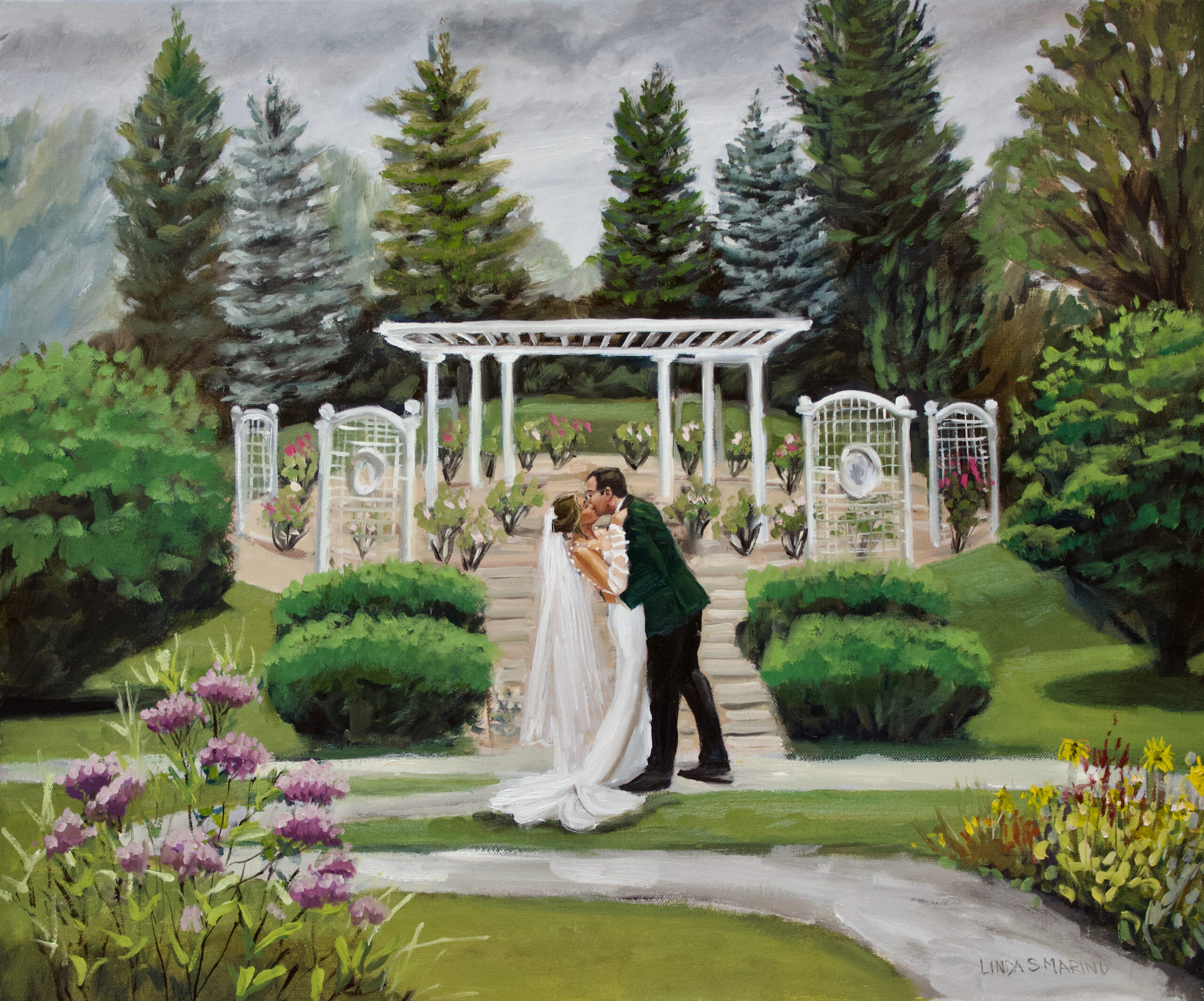 Wedding Painting of Bride and Groom's first kiss in garden scene by Linda Marino