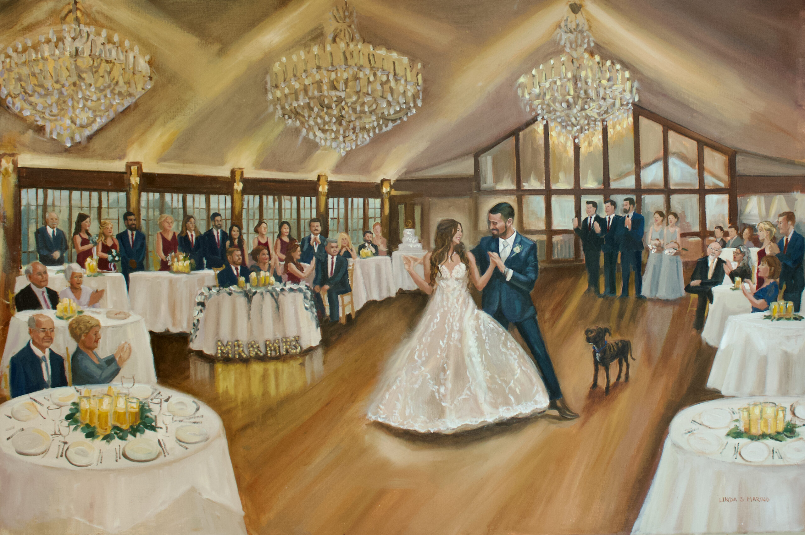 Bride and Groom dancing in ballroom with guest live painting by Linda Marino