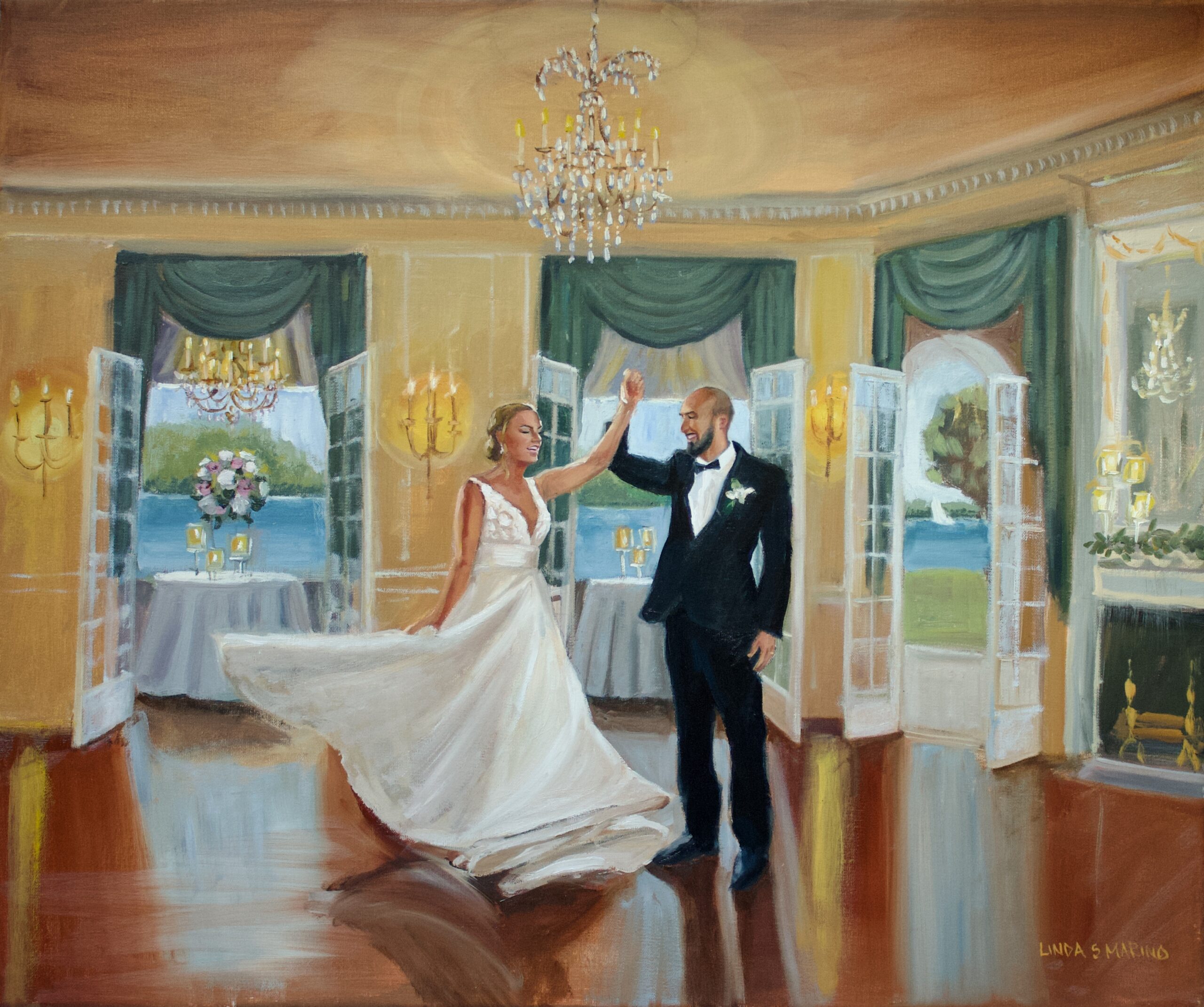 bride and groom dancing in yellow and green ballroom live wedding painting by linda marino