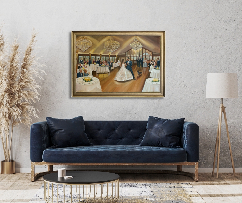 Framed wedding painting in room setting with blue couch
