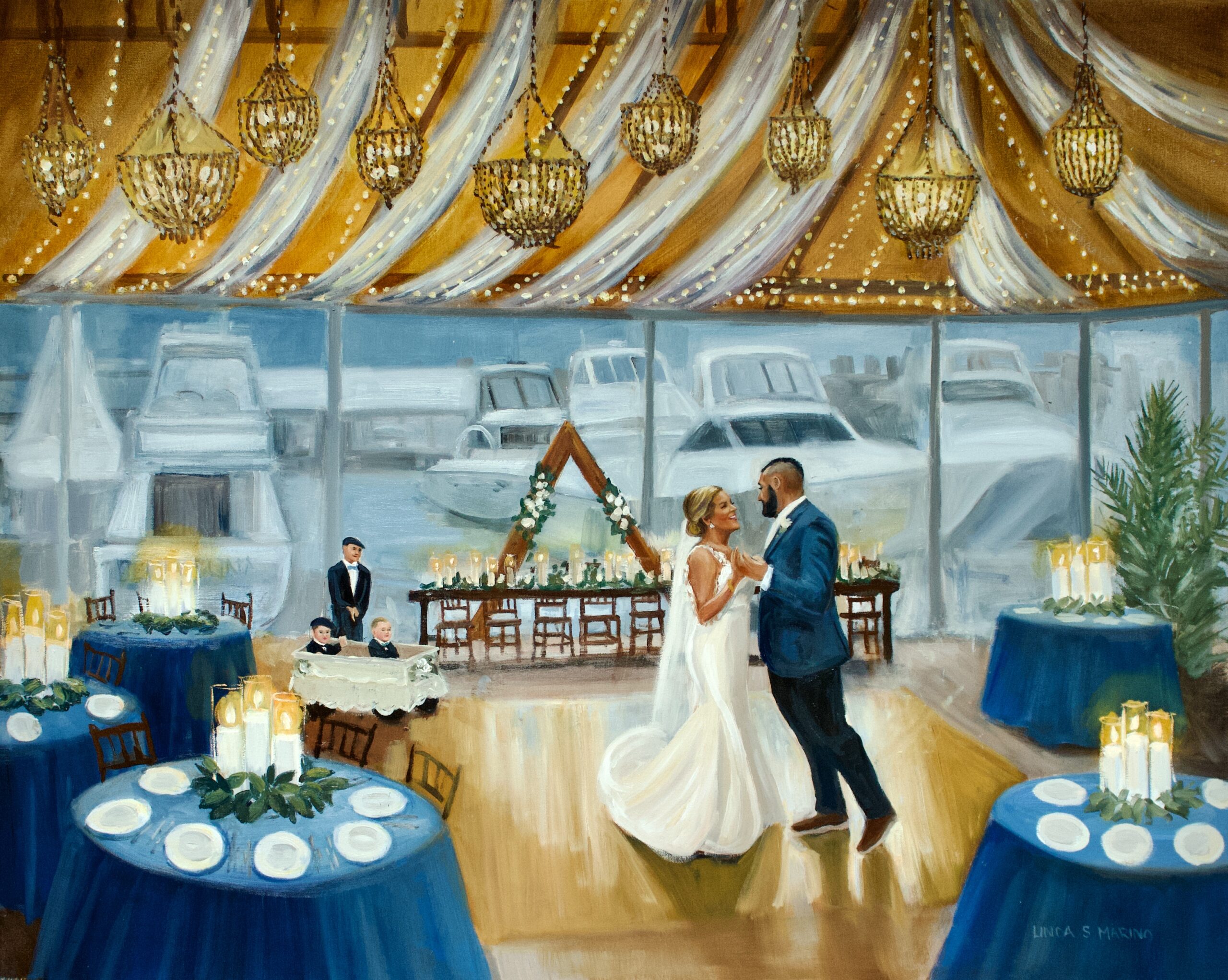 live wedding painting of couple's first dance at yacht club with blue, yellow and white color theme 