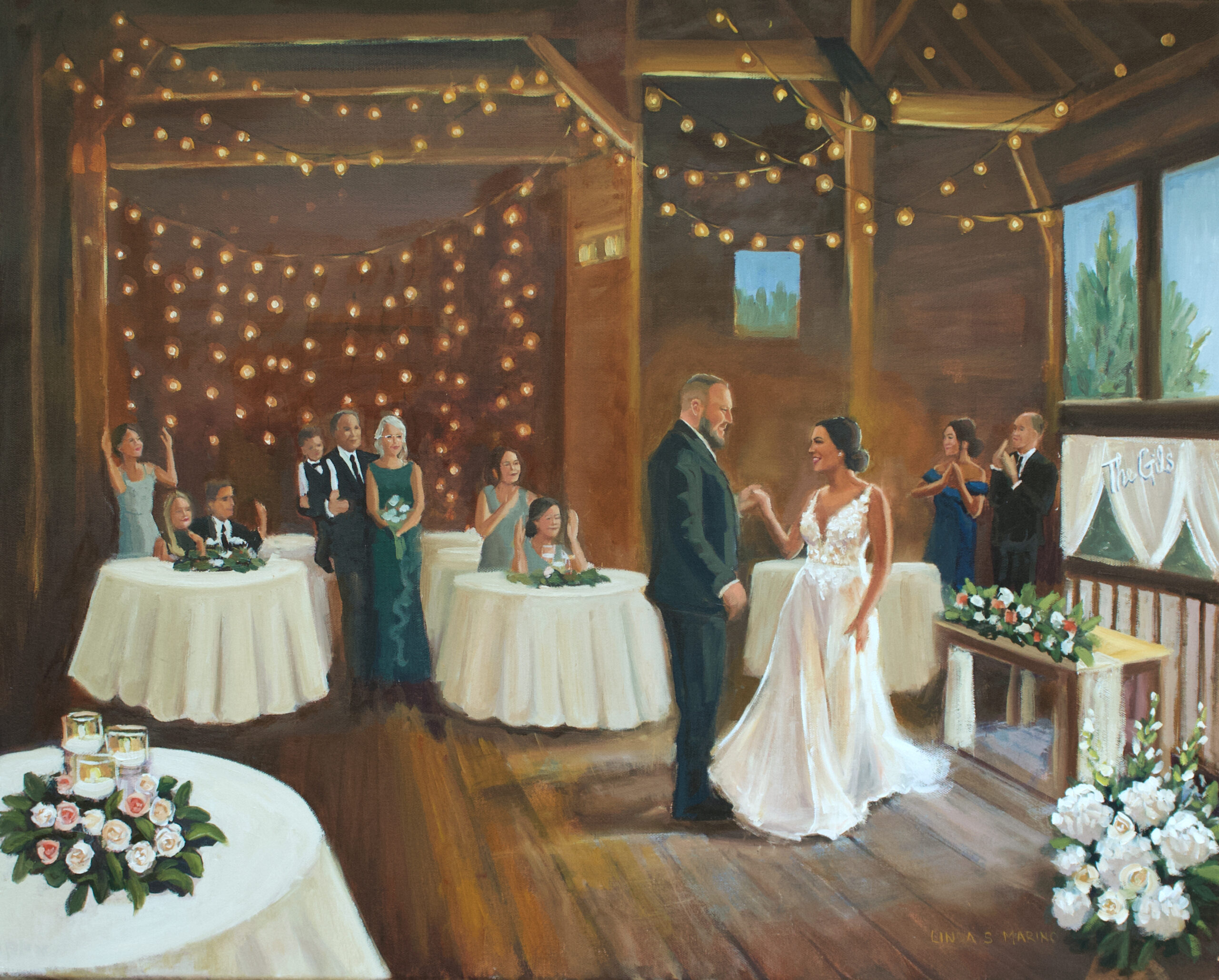 live wedding painting of bride and groom first dance at barn wedding