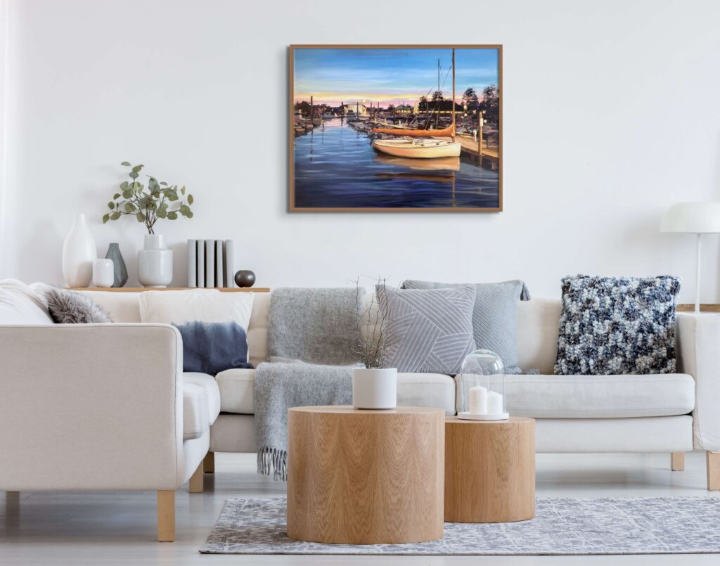 original painting of guilford marina at sunset with oranges and blues, sailboat