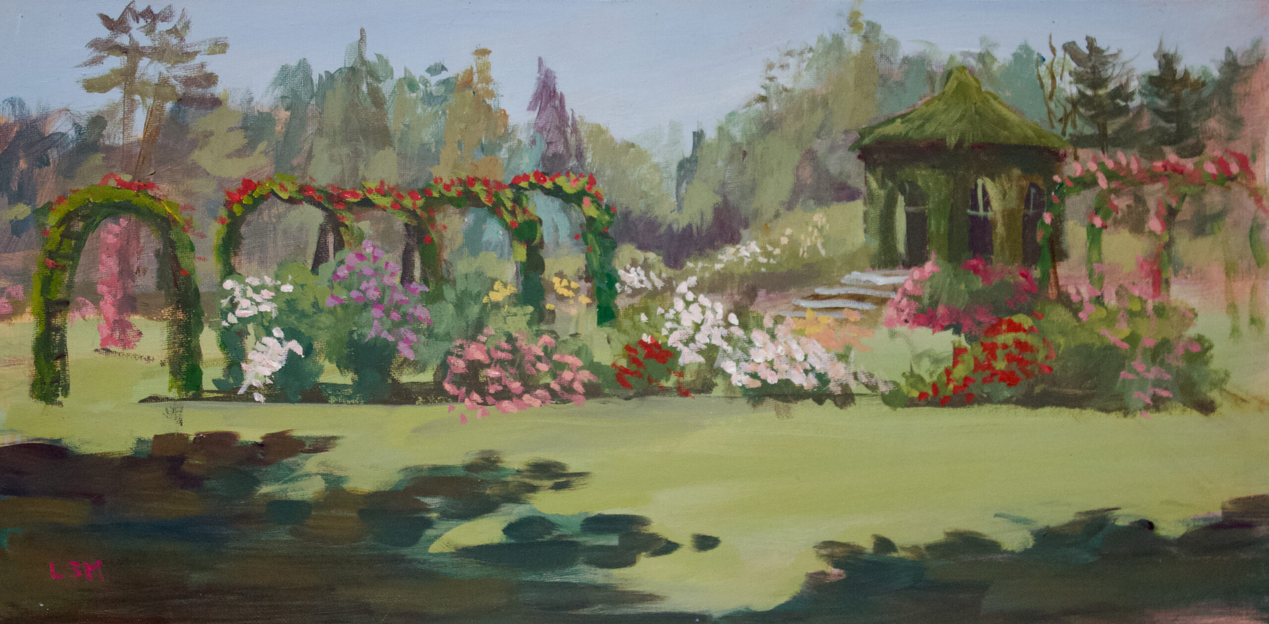 Painting of rose garden with colorful rose bushes, arch and pergola at Elizabeth Park Hartford Ct