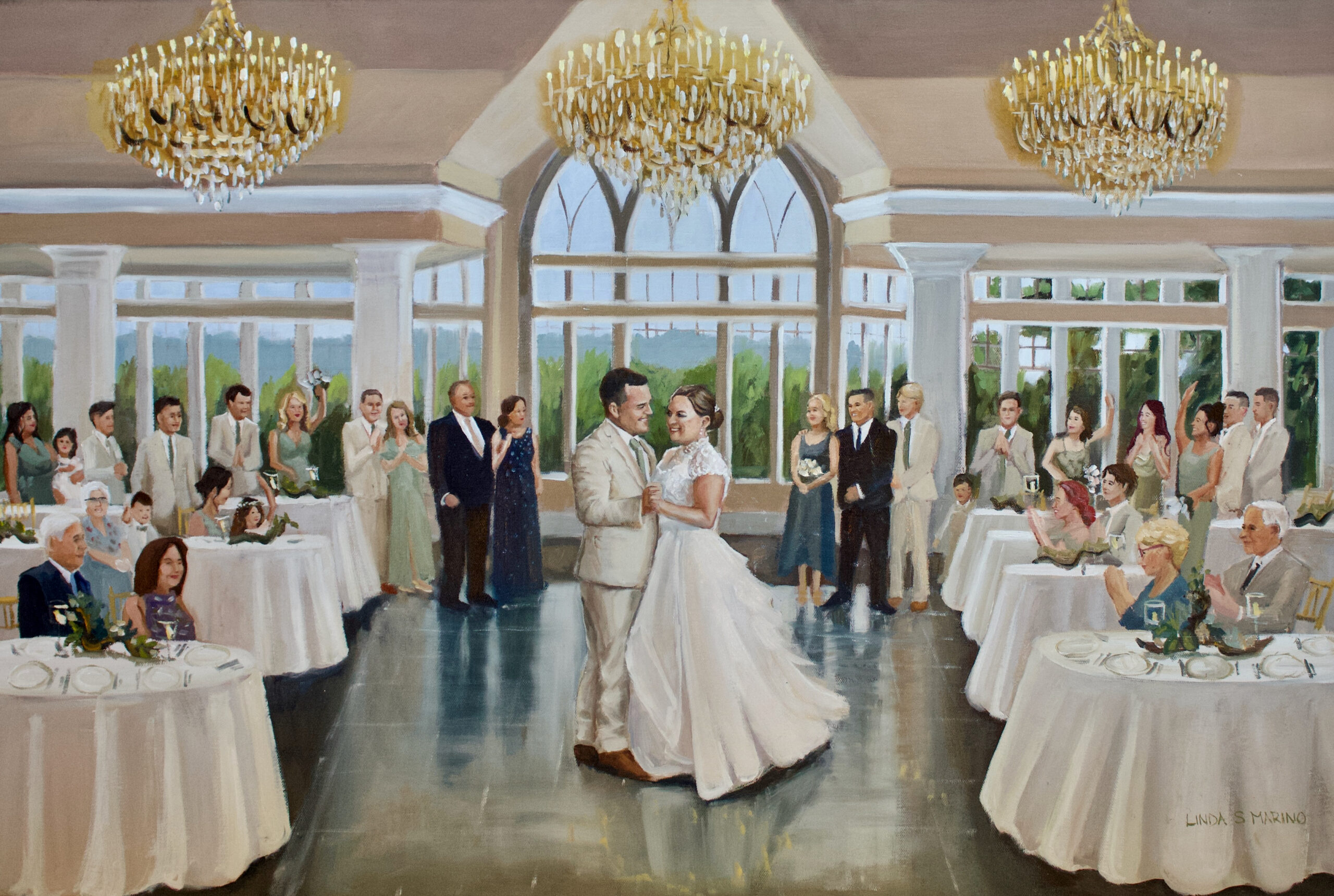 live wedding painting of Bride and Groom's first dance at Le Chateau in South Salem NY, painted by Linda Marino