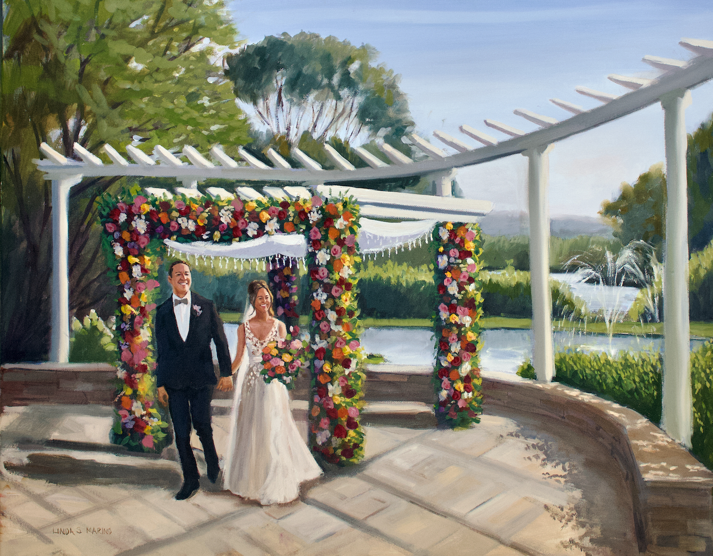 Wedding Painting of bride and groom at outdoor ceremony with colorful flowers and a lush green landscape