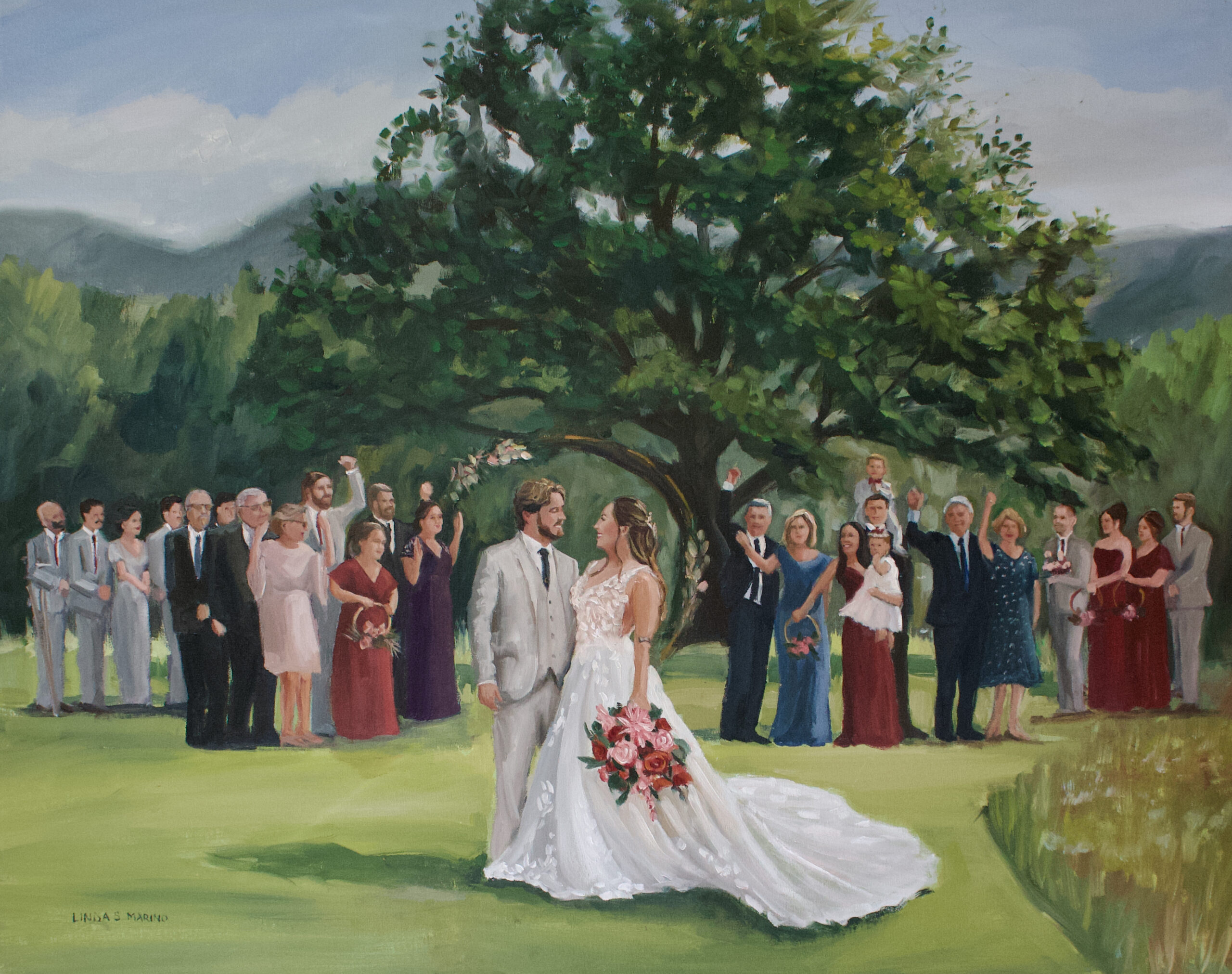 live wedding painting by Linda Marino with bride and groom and family in background in a field with a big oak tree and mountains