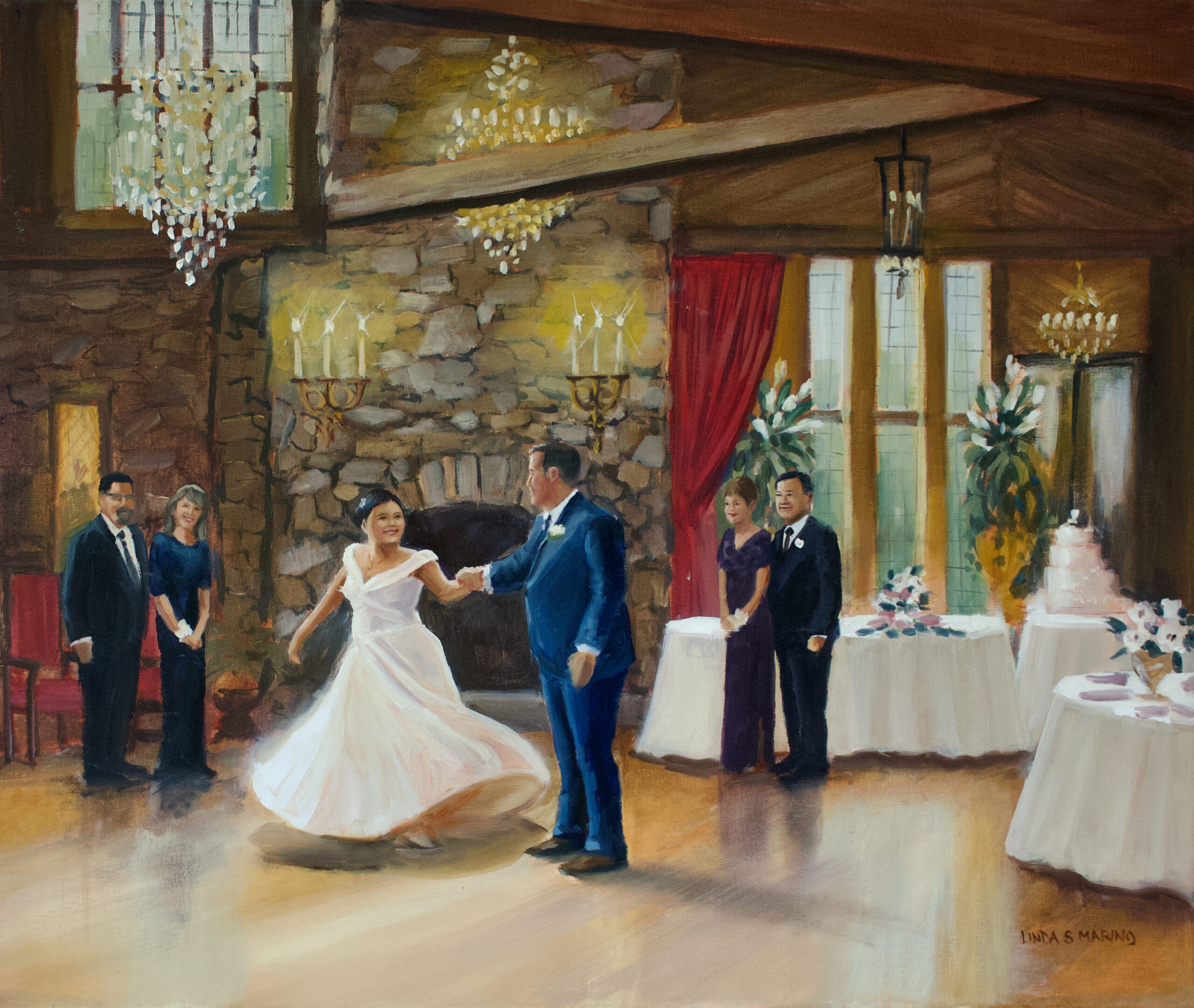live wedding painting of bride and groom dancing first dance at Bill MIller's Castle in Branford Ct painted by Linda Marino