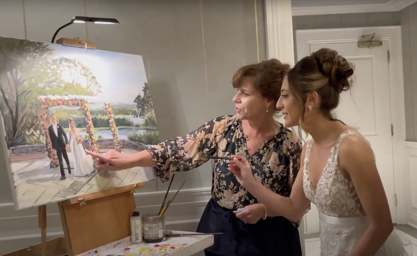 Linda Marino Live Painter with Bride showing details of painting