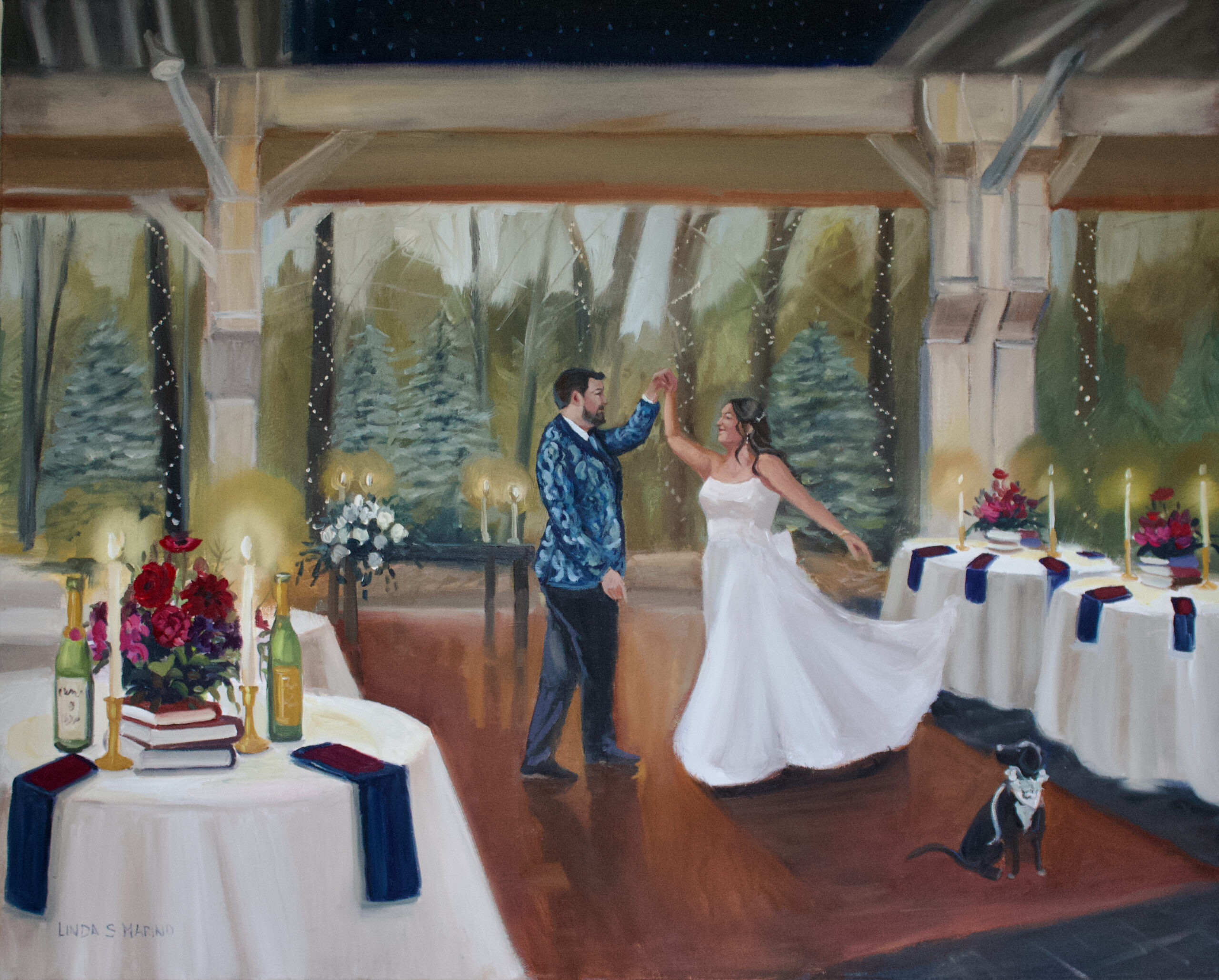 wedding painting of bride and groom dancing with woods background
