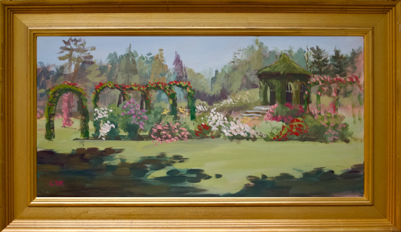 painting of rose garden Elizabeth Park framed in a gold frame