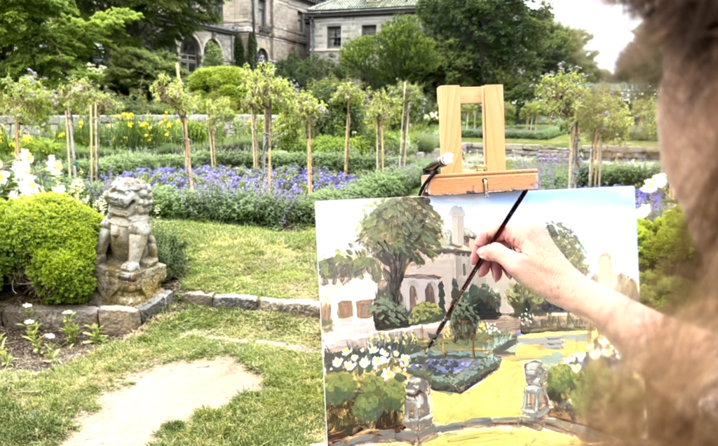 artist linda marino painting on location at Harkness Park in the garden