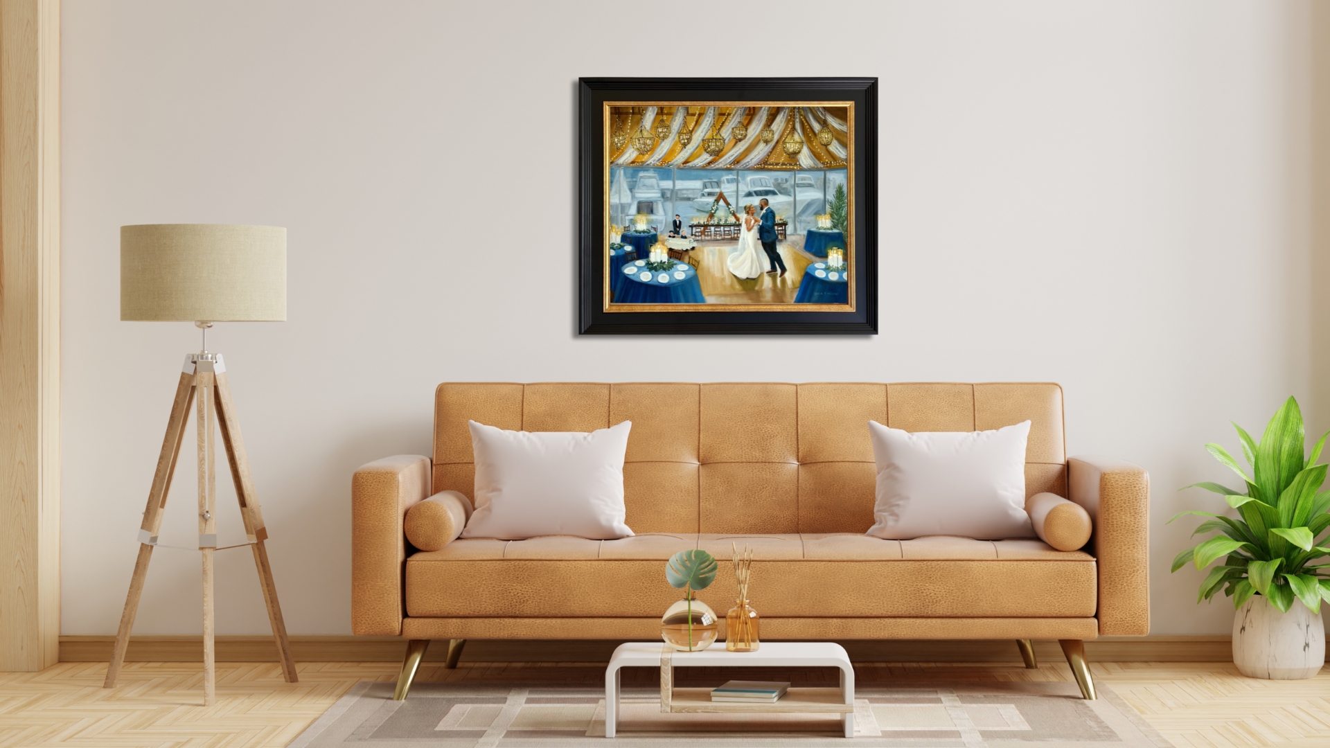 photo of a wedding painting framed in a living room with tan couch