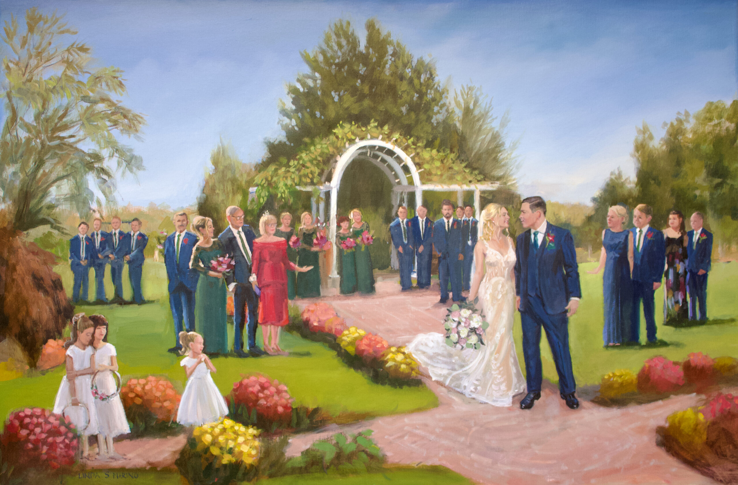 live painting at couples outdoor wedding ceremony at vineyard on long island, including family, wedding party and flower girls, by Linda Marino