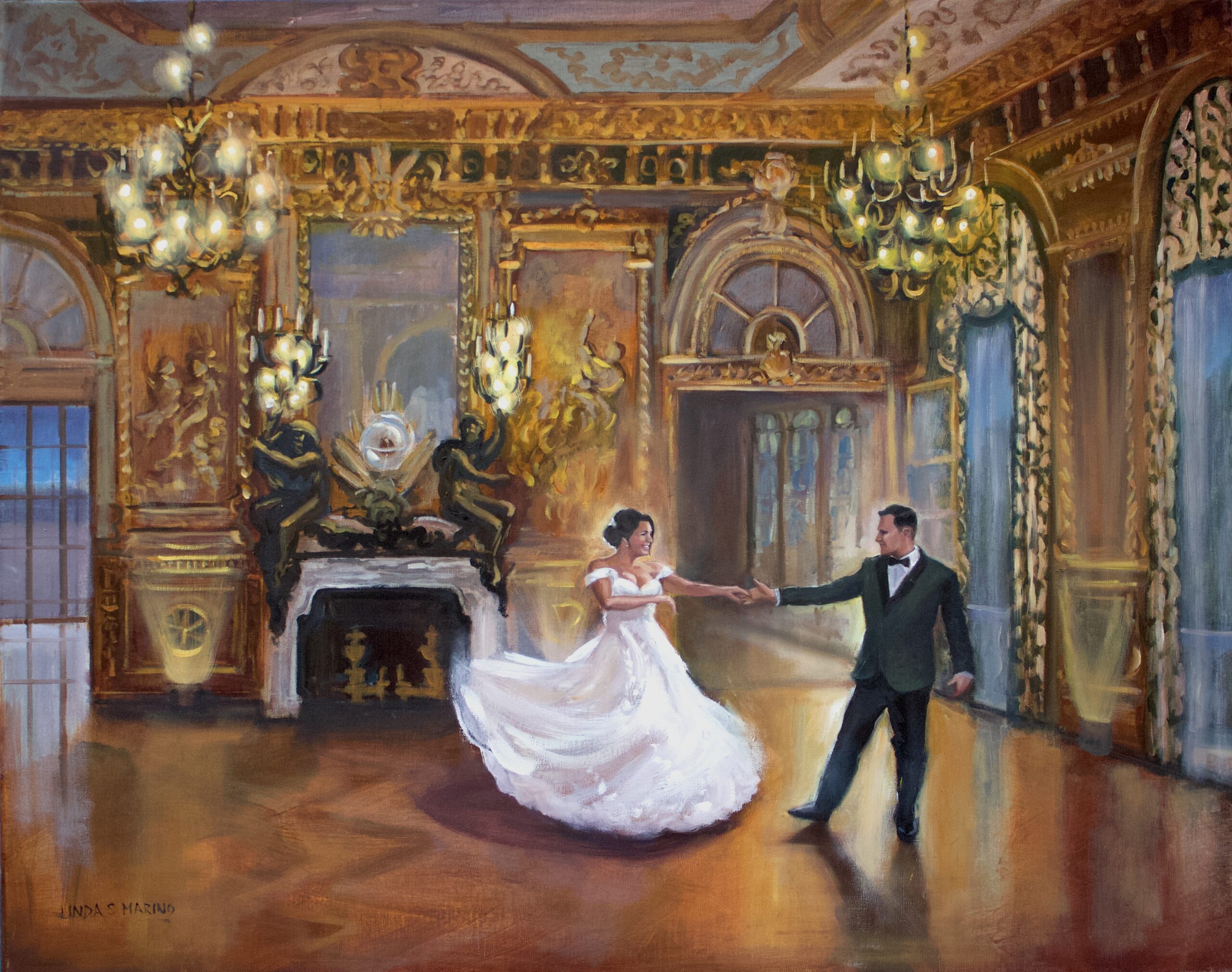 Wedding Painting of bride and groom dancing first dance in Gold Room at Marble House Newport RI