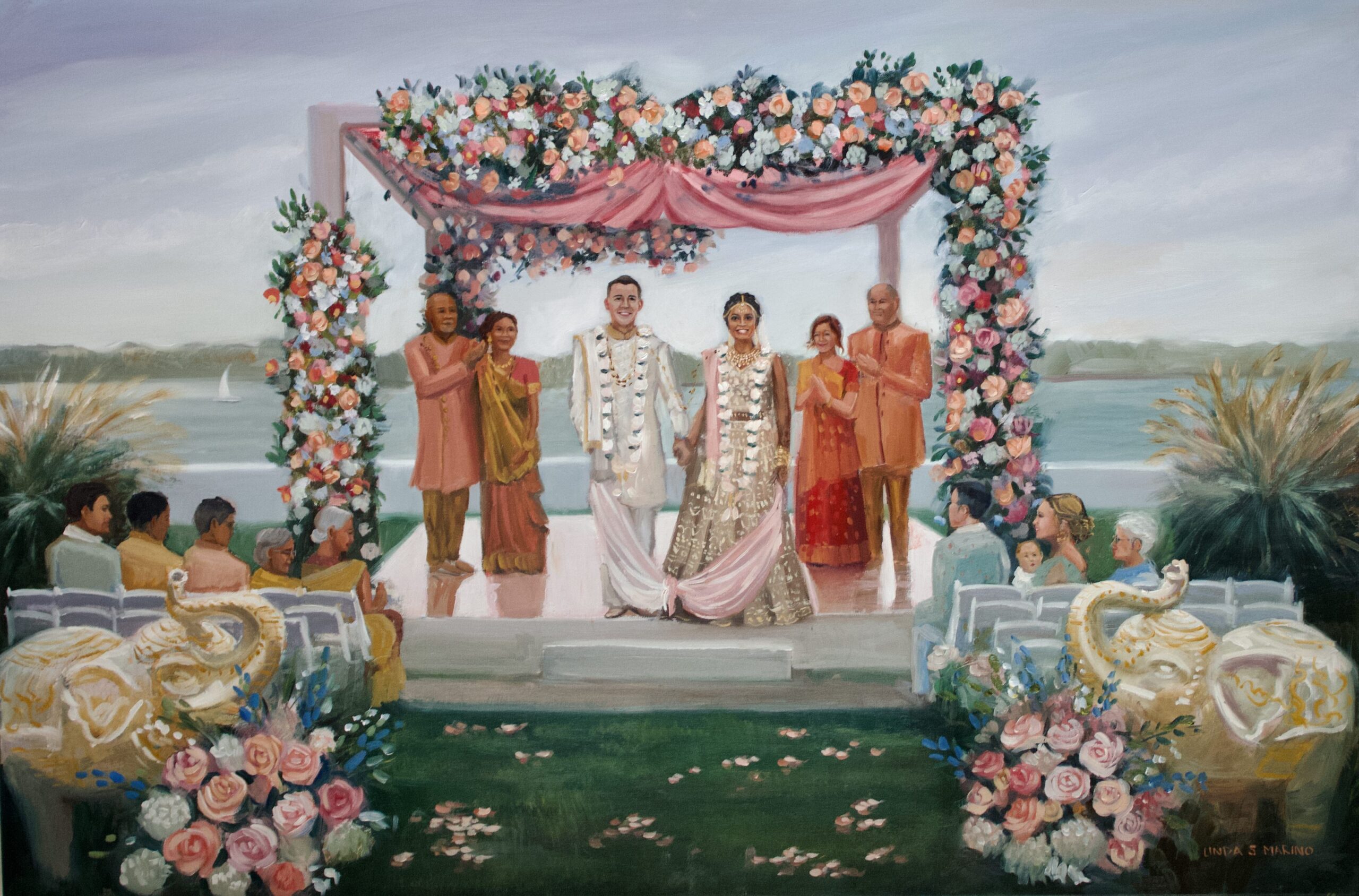 Newport live wedding painting, of outdoor ceremony, with family and florals