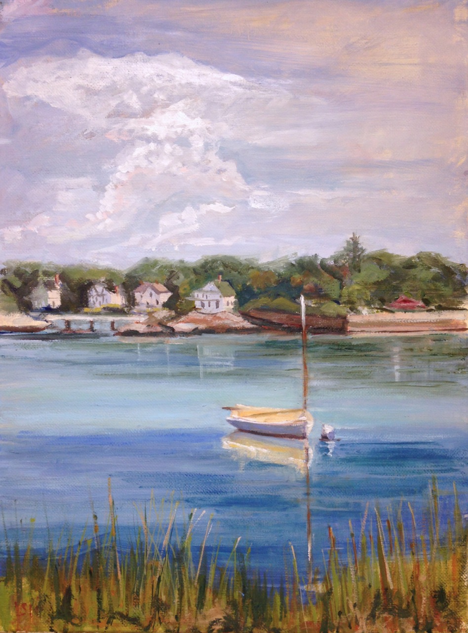 Painting of New England Coastal scene of sailboat, sea grass and in the distance are coastal homes along the seashore by Linda Marino