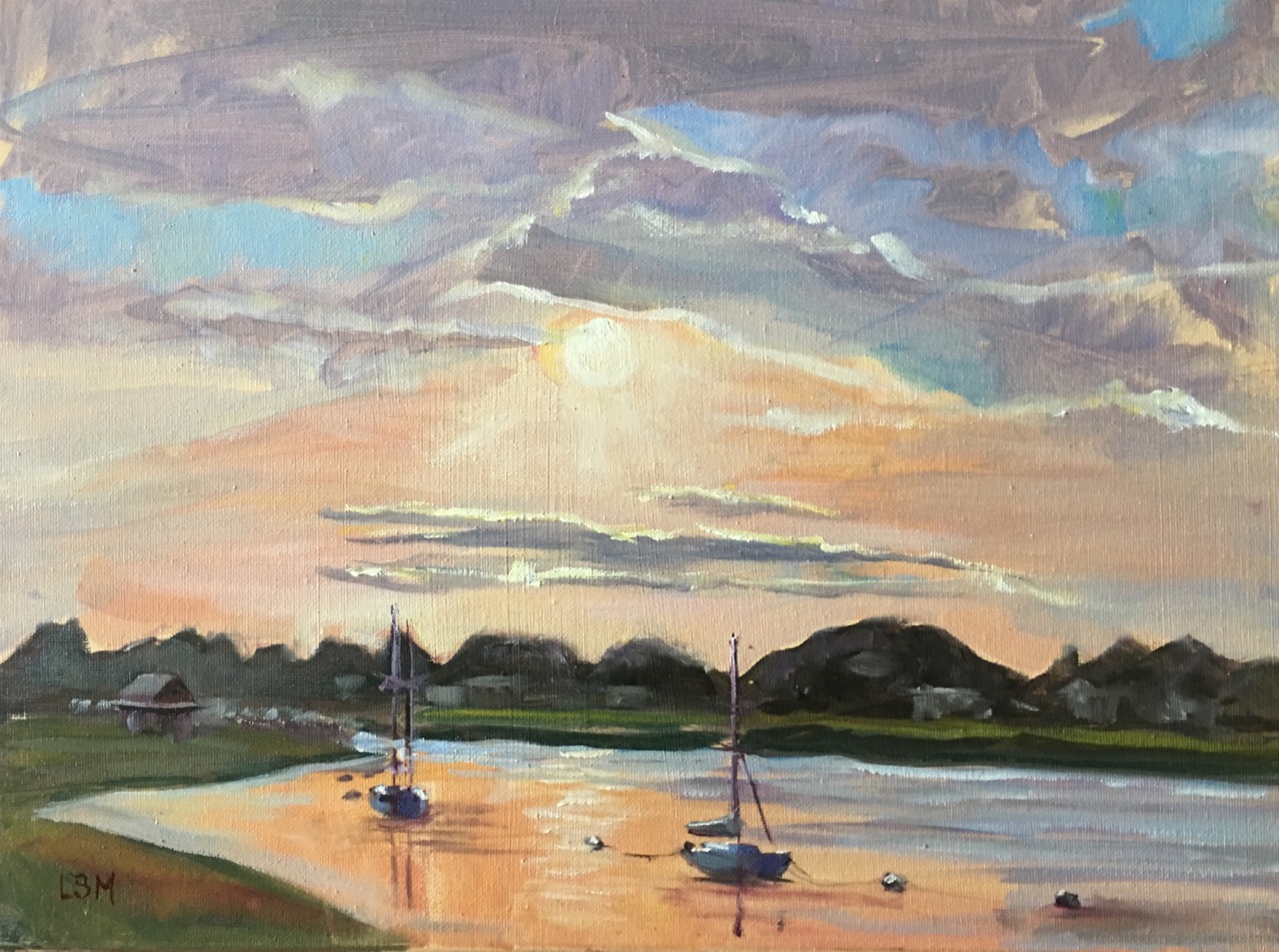 sunset painting of coastal waters with sailboats, orange, purple and blue sky