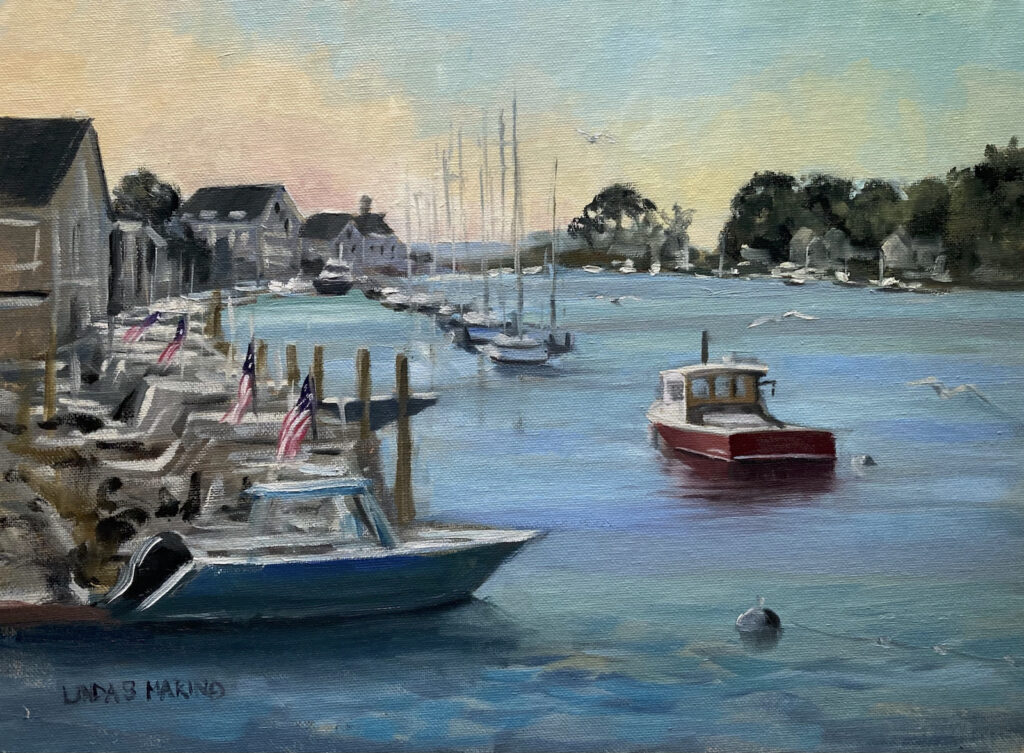 painting of Rowayton CT, harbor, boats and coastal village, painted on location by Linda Marino