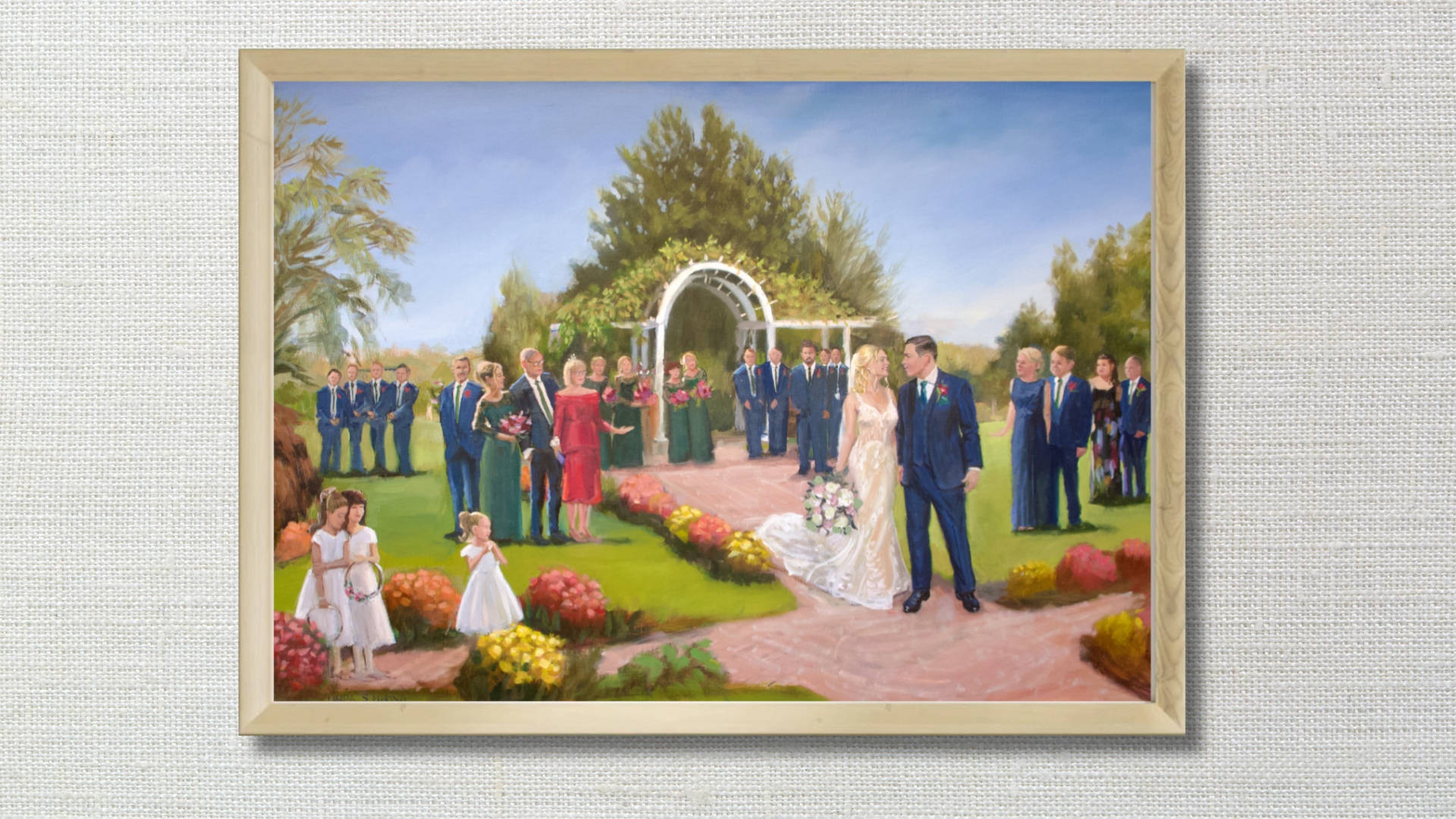 Long Island Wedding Painting framed in a light wood frame on a linen background painted by Linda Marino
