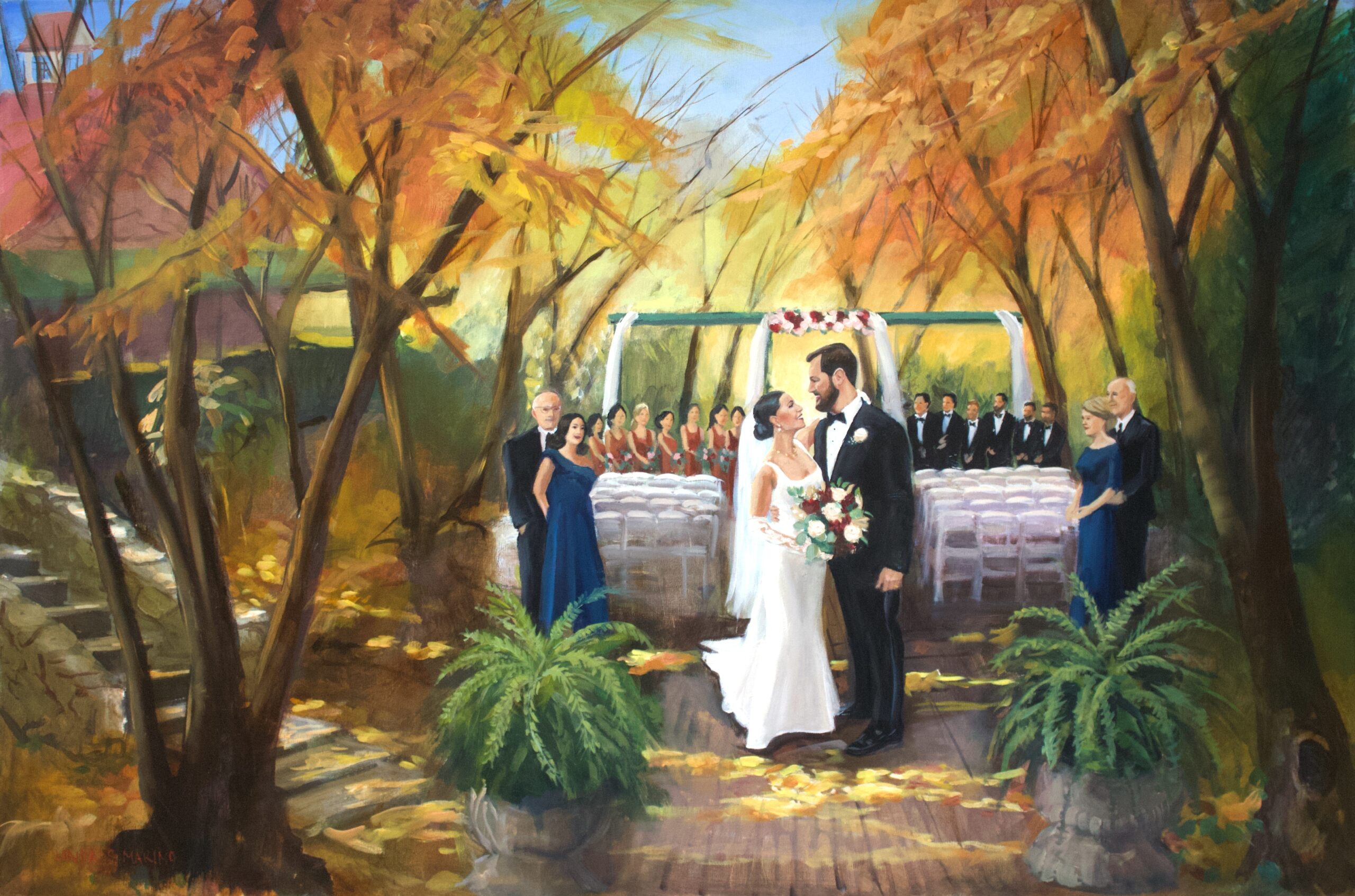 live wedding painting of bride and groom with wedding party and parents in a wooded autumn ceremony scene