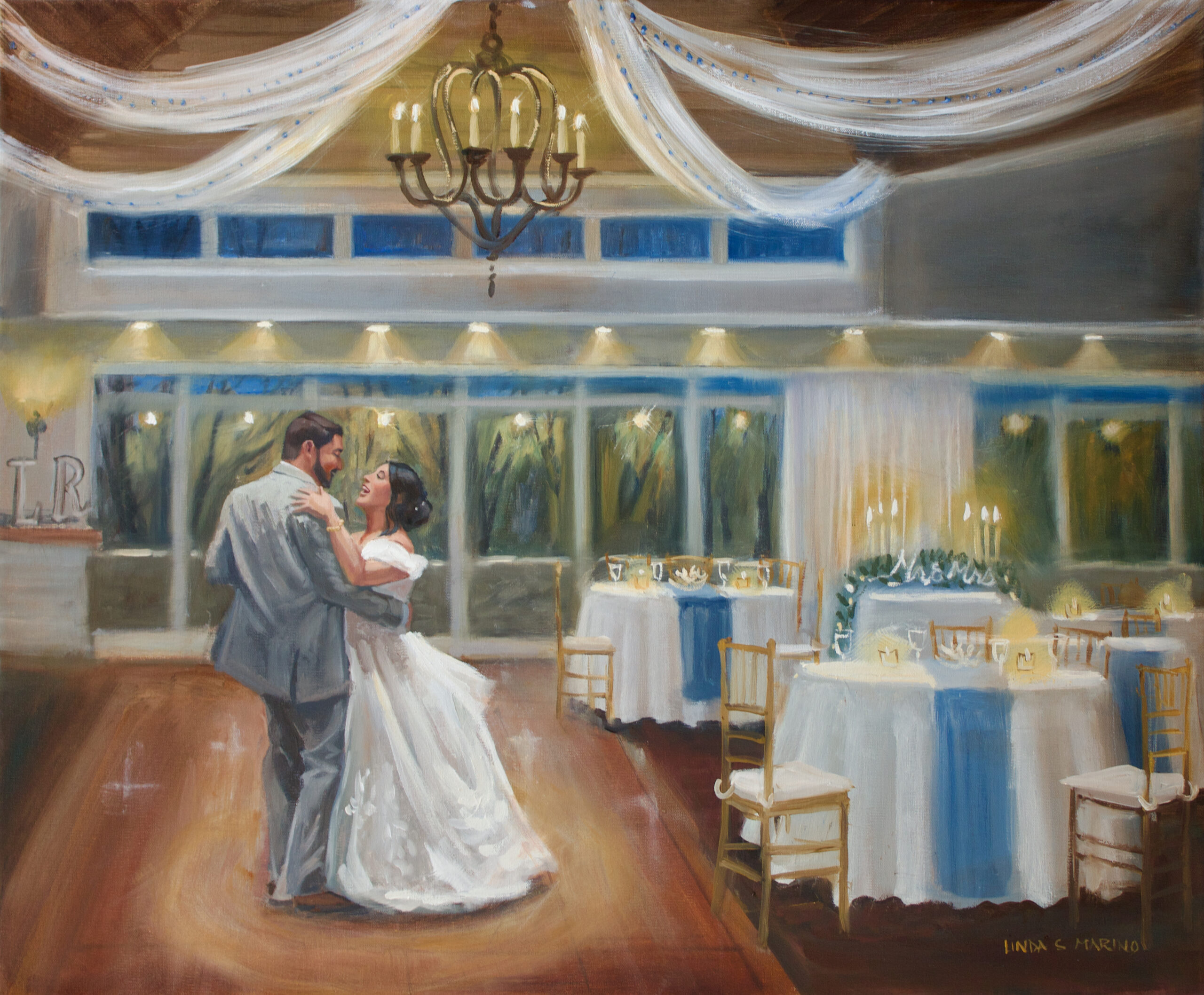 New England Live Wedding Painting of couple dancing first dance by Linda Marino