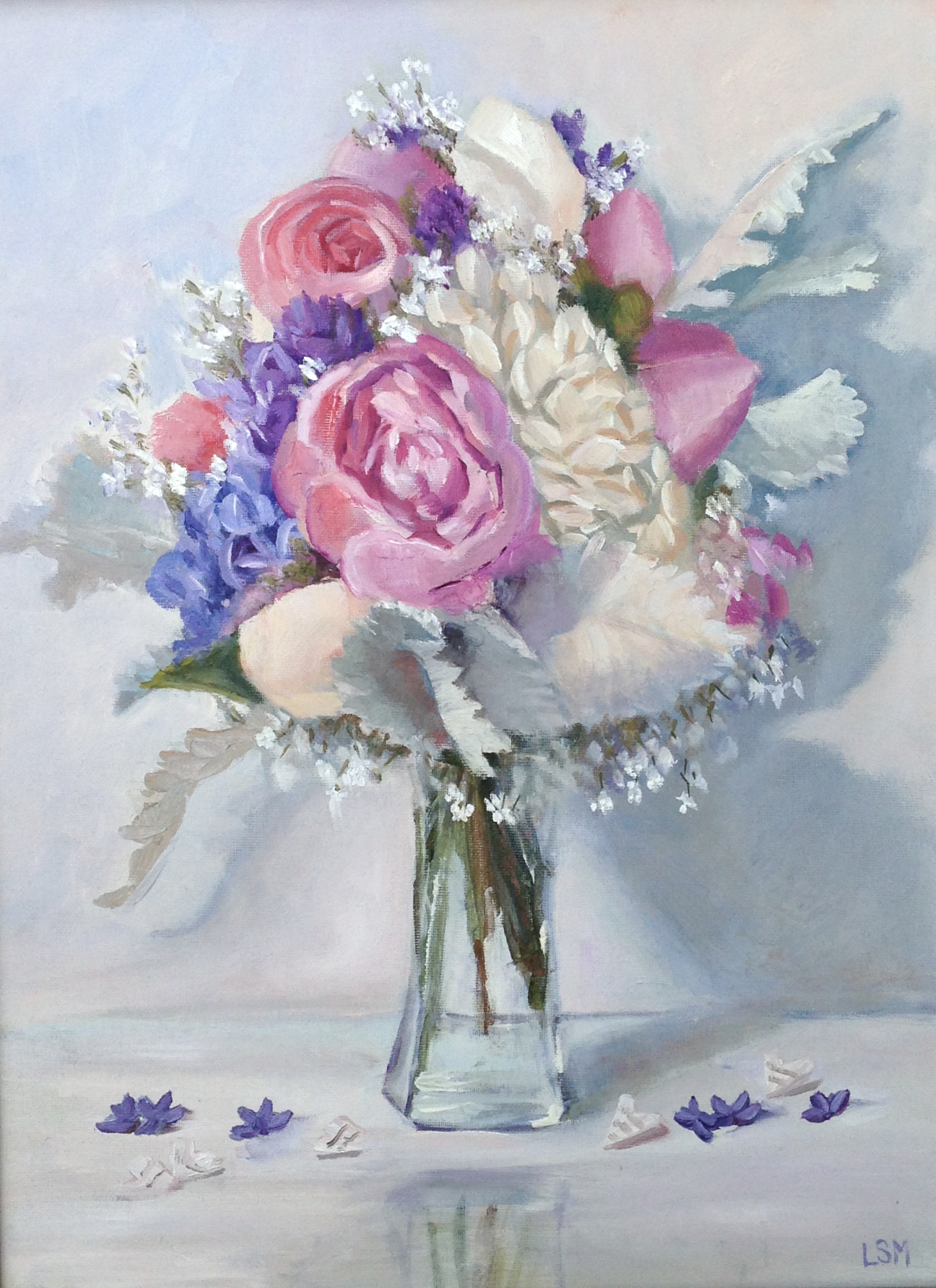 pink, purple and white wedding bouquet painting with florals in a glass vase by Linda Marino