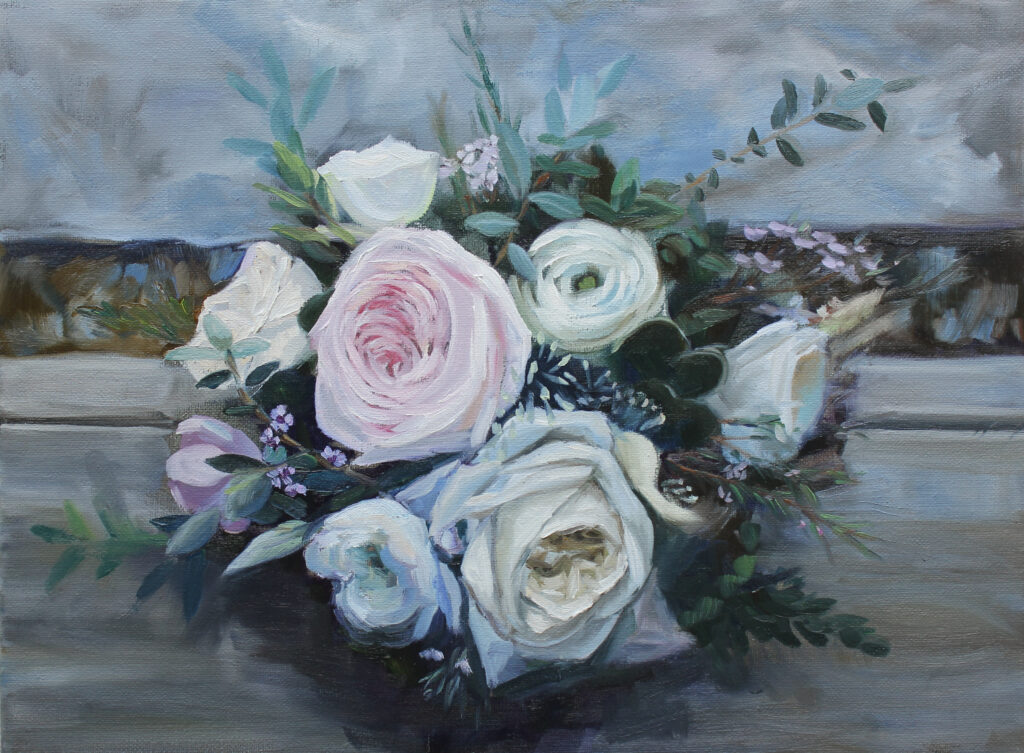 pink roses on slate wedding bouquet painting by Linda Marino