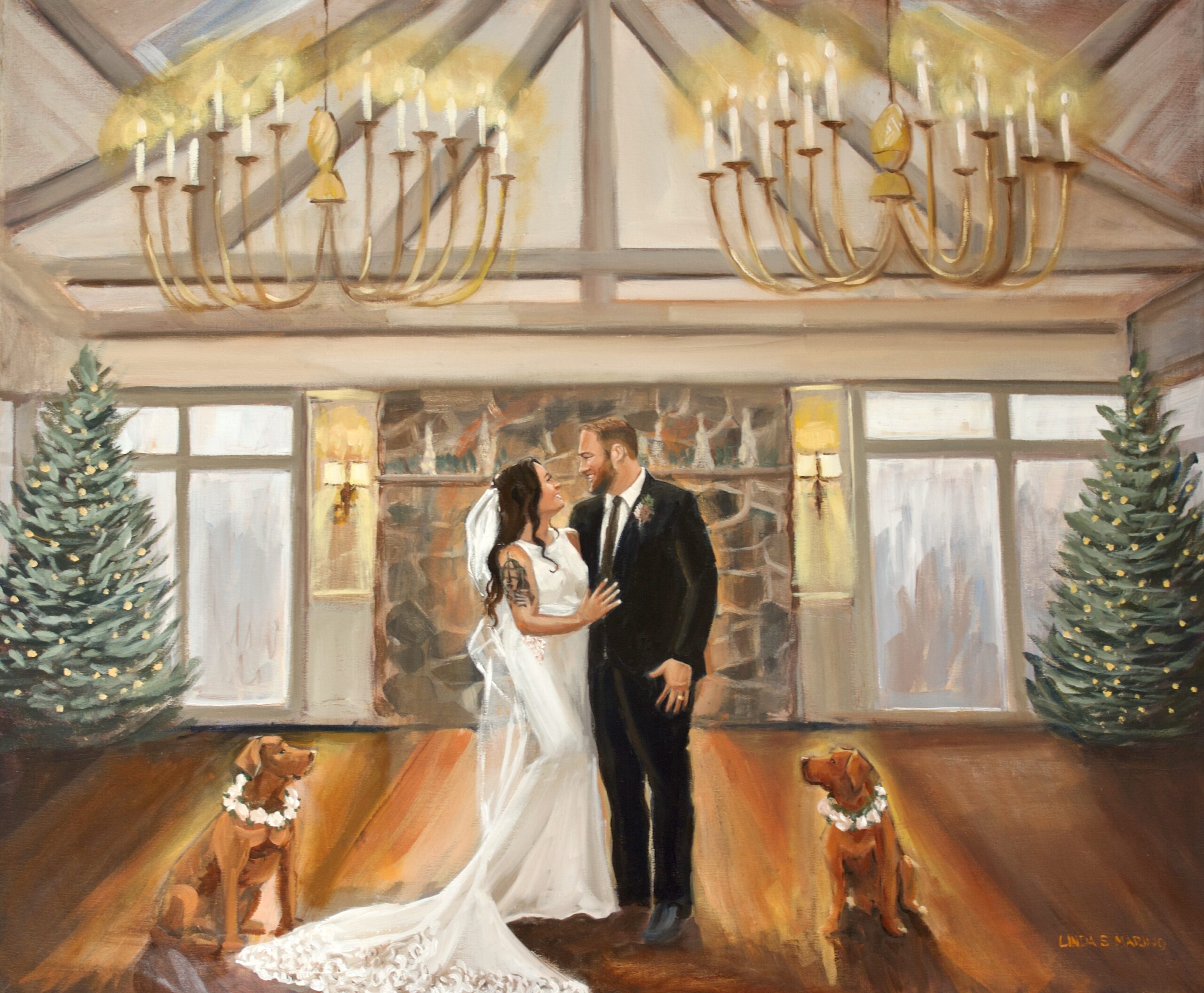 Live Wedding Painting of couple with their dogs wedding in Scituate MA