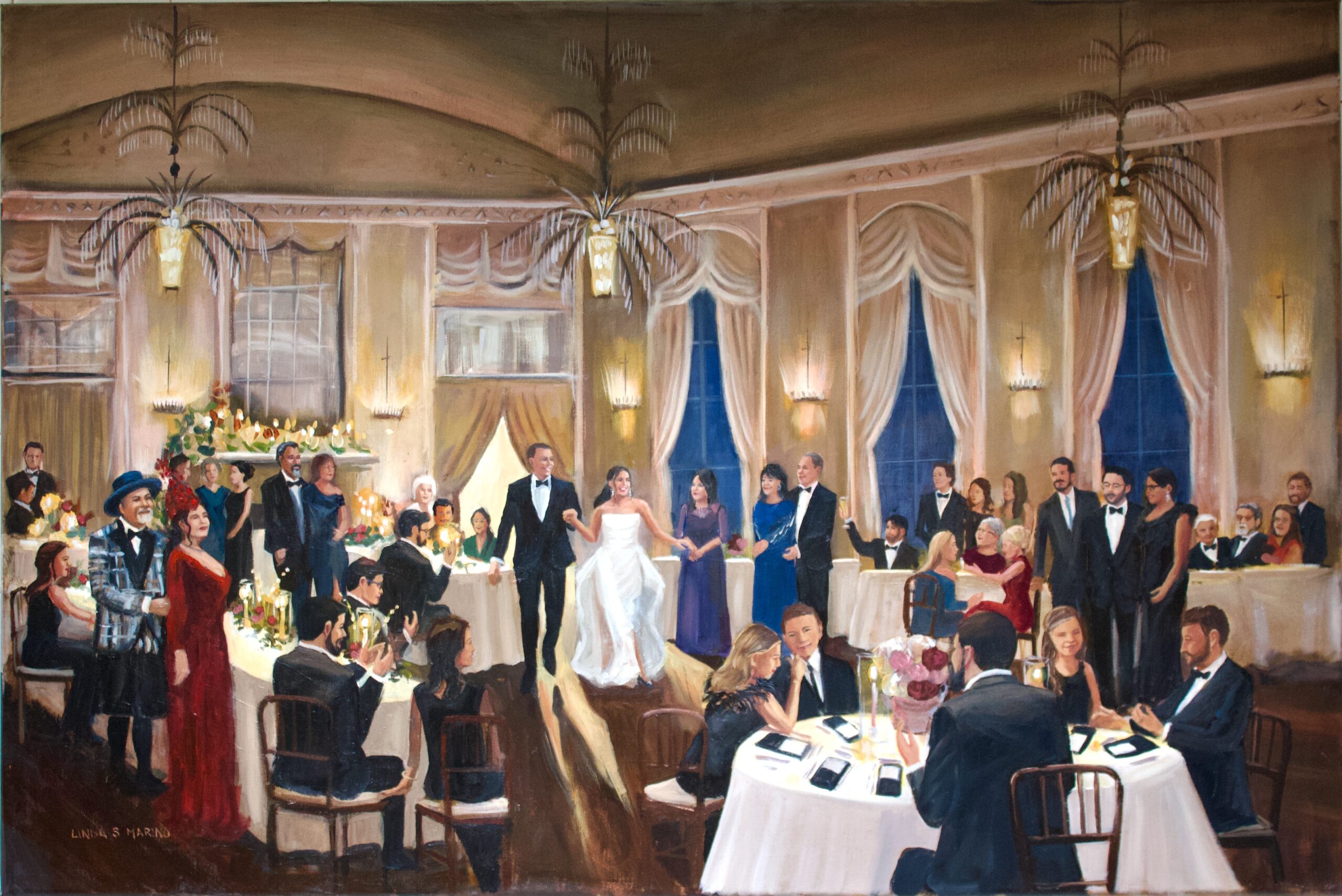 Live wedding painting celebration scene at New Haven lawn Club, by Linda Marino