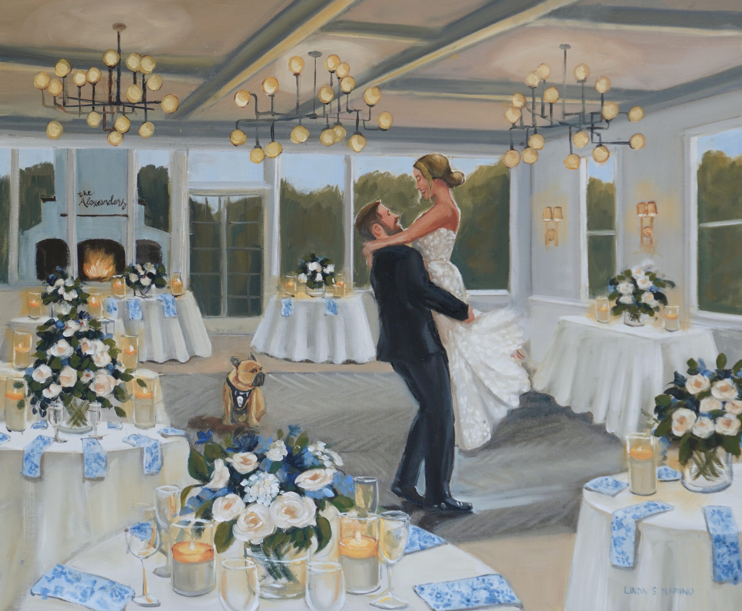 Live wedding painting of bride and groom first dance in blue and ballroom