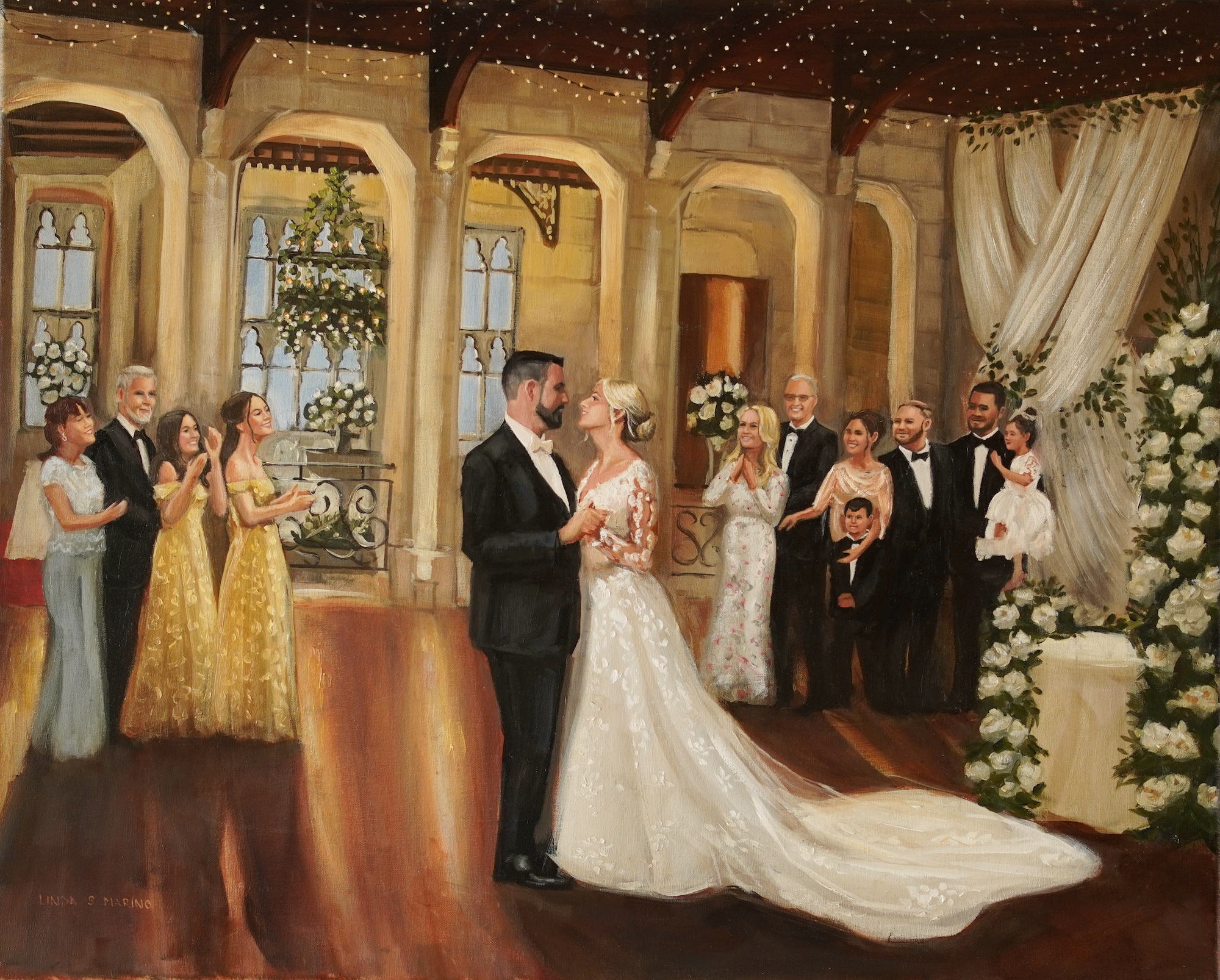 live wedding painting of first dance with family in historic home