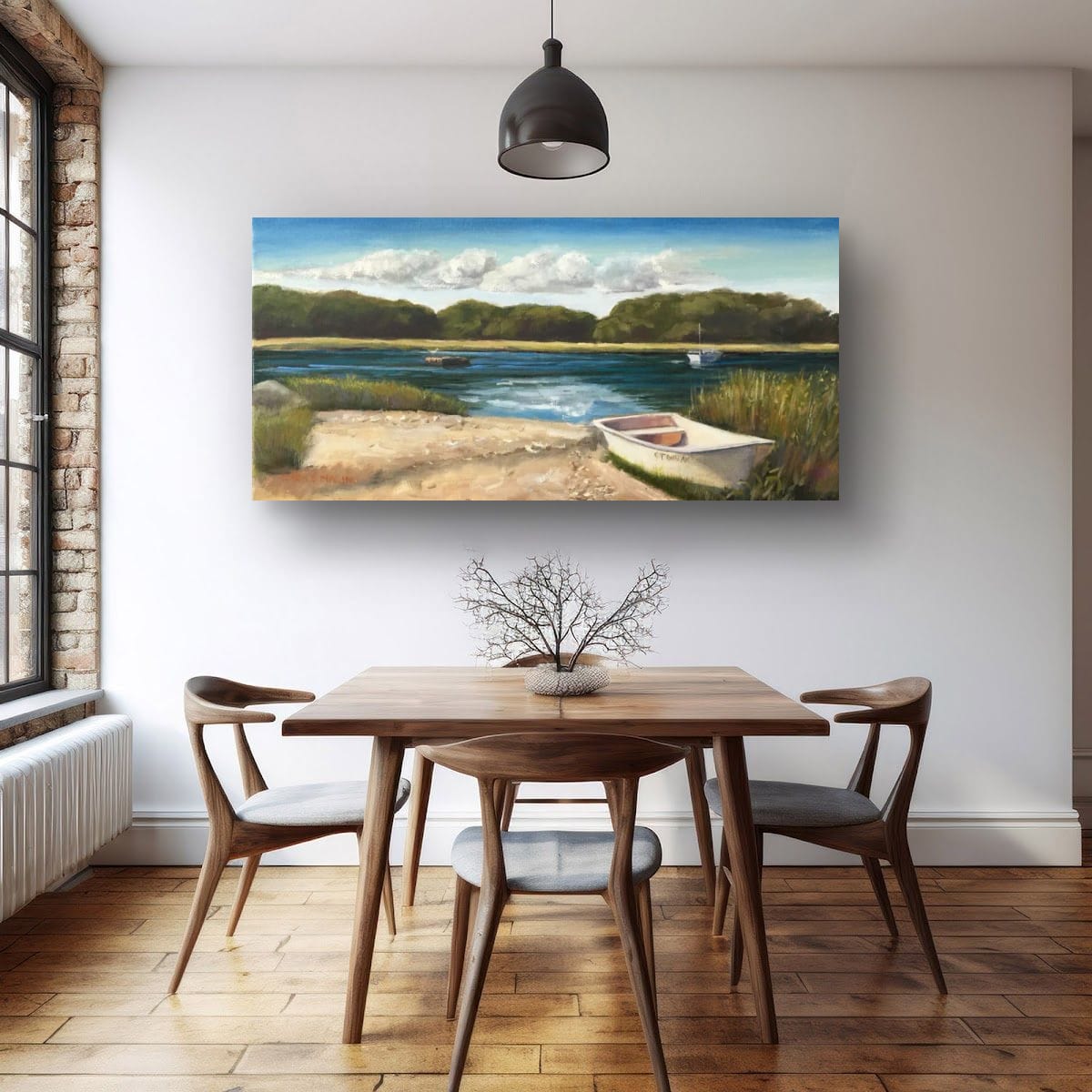 coastal painting scene of boat and beach in dining room