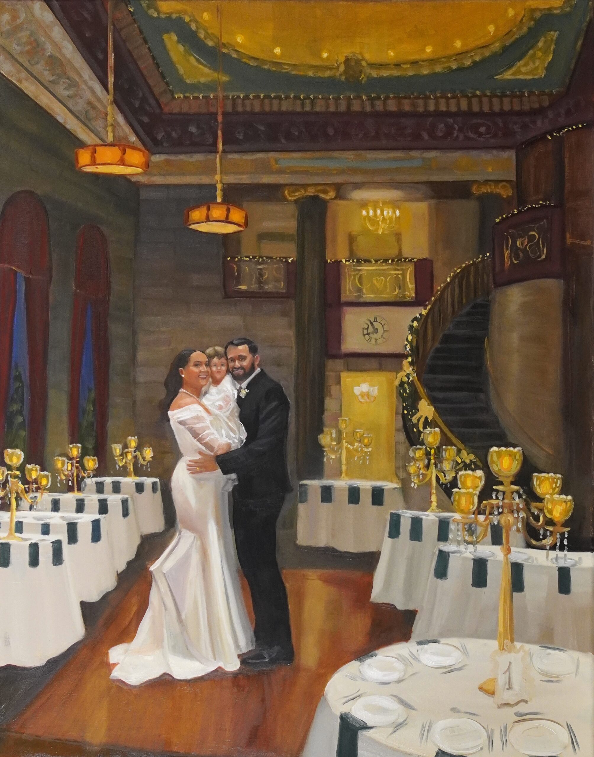 Live wedding painting of couple dancing with daughter in historical grand ballroom Hartford Society Room