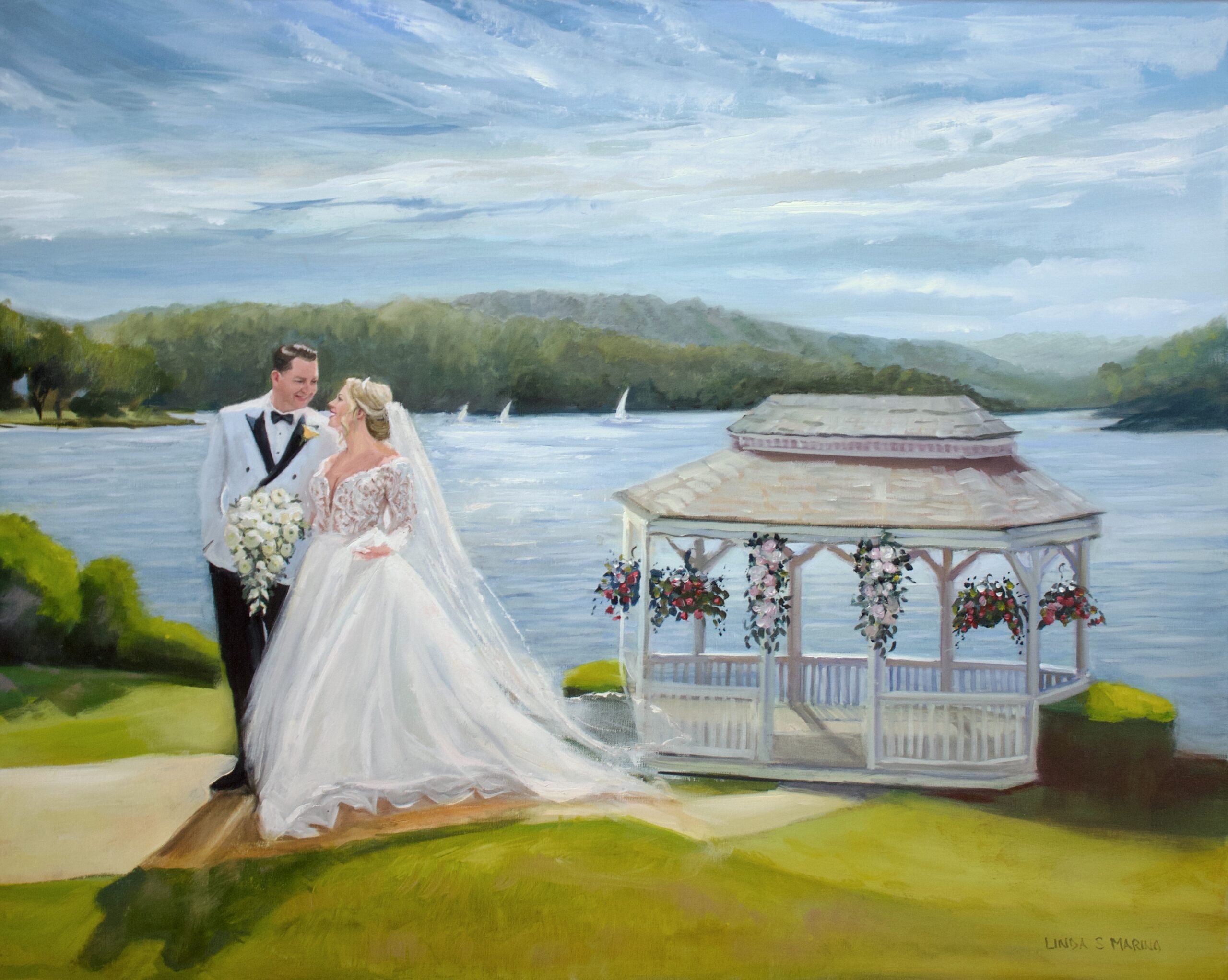 live wedding painting of bride and groom at lake in New England