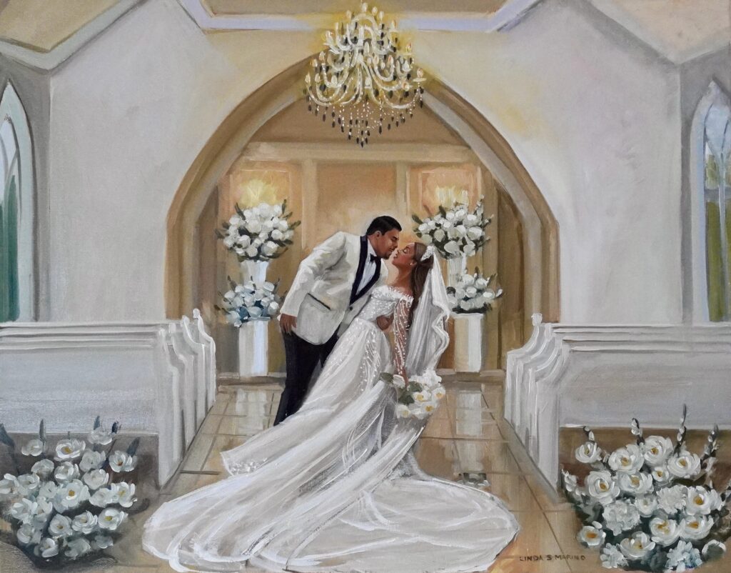 live wedding painting of couple's first kiss in white wedding chapel by Linda Marino