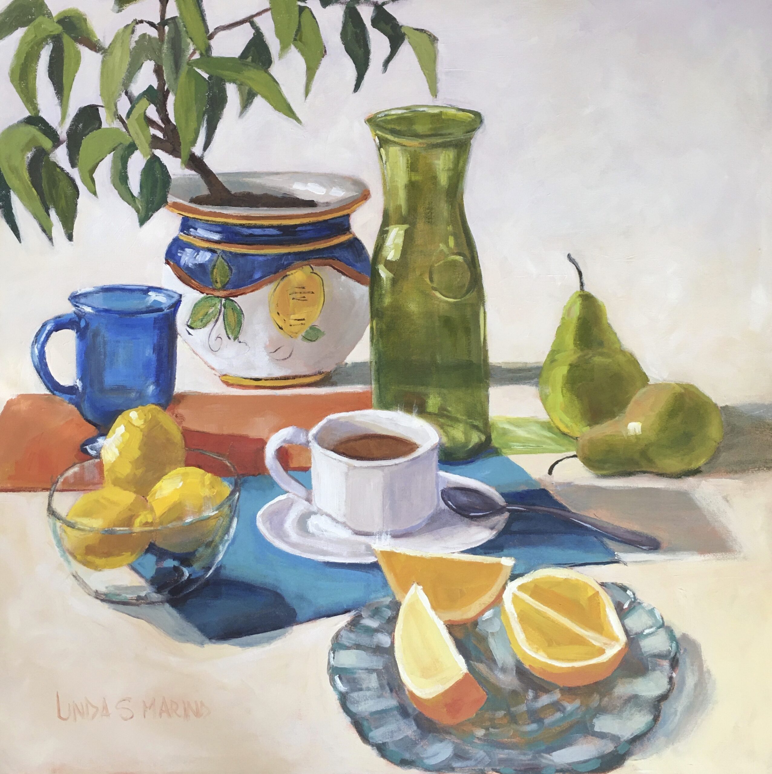 still life painting of lemons, pears, coffee, green glass and plant