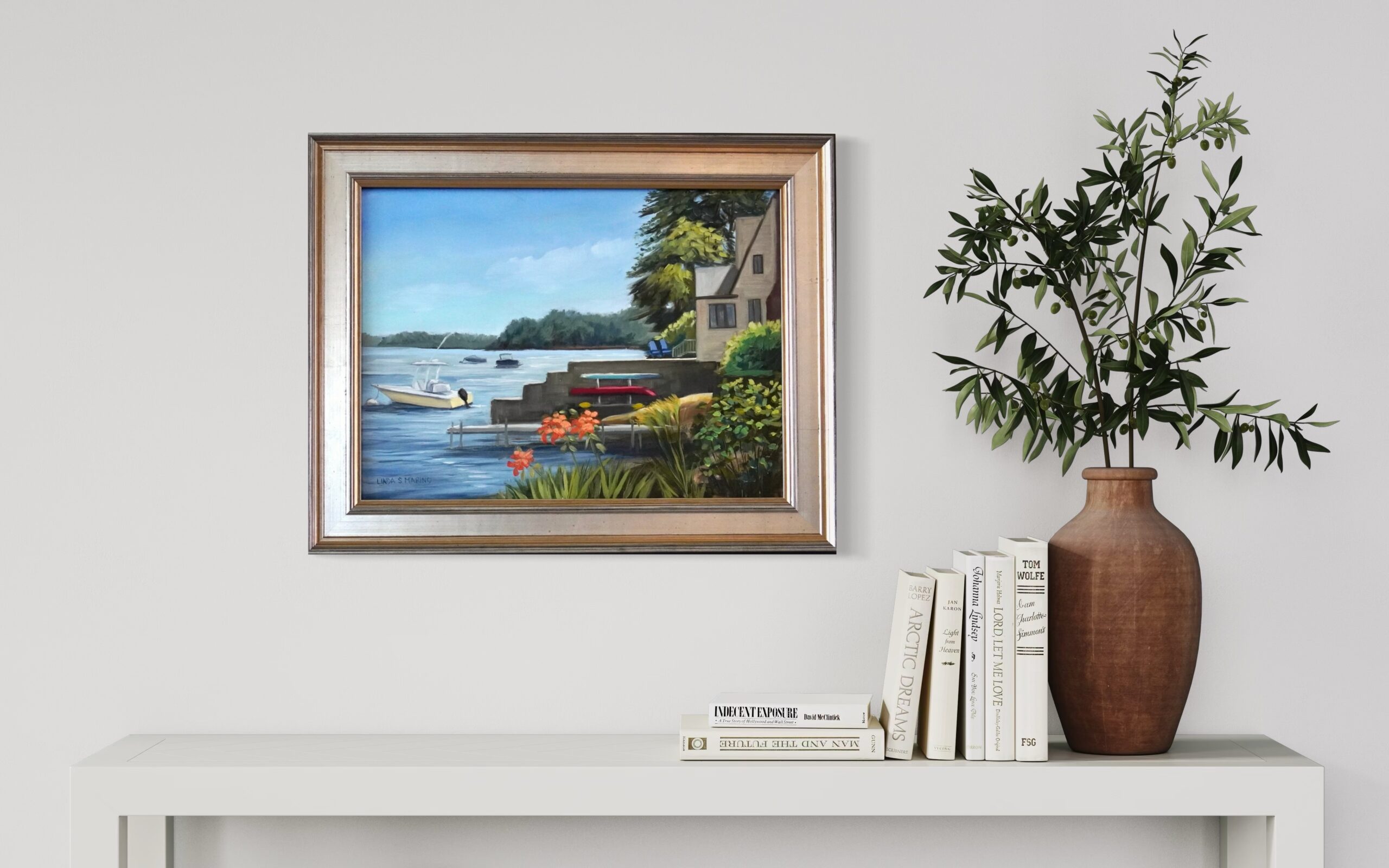 Painting of Sebago Lake Maine, with boats and cottage, framed in a silver frame, available, by linda S Marino Art