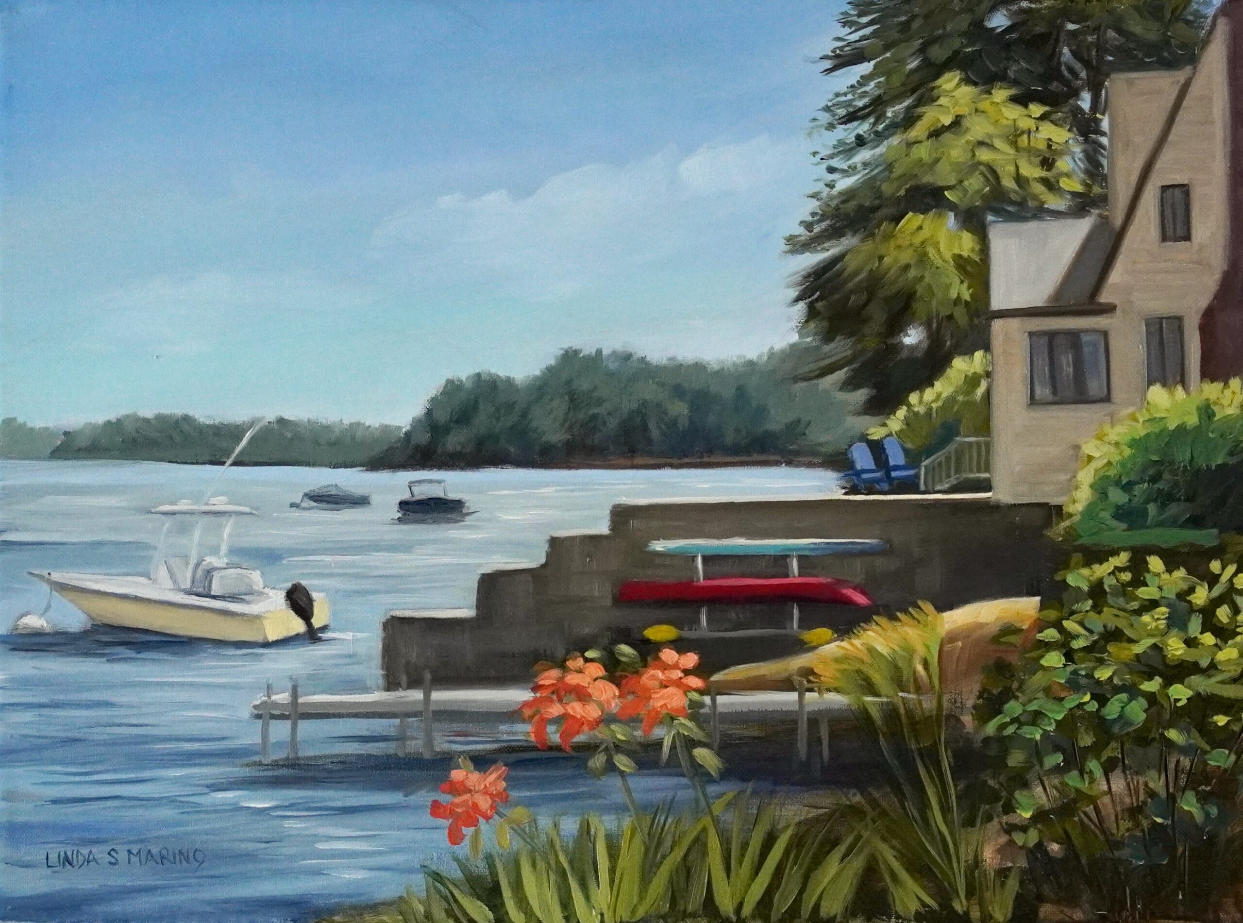 oil painting of Sebago Lake in Maine of summer cottage, boats and landscape by Linda Marino