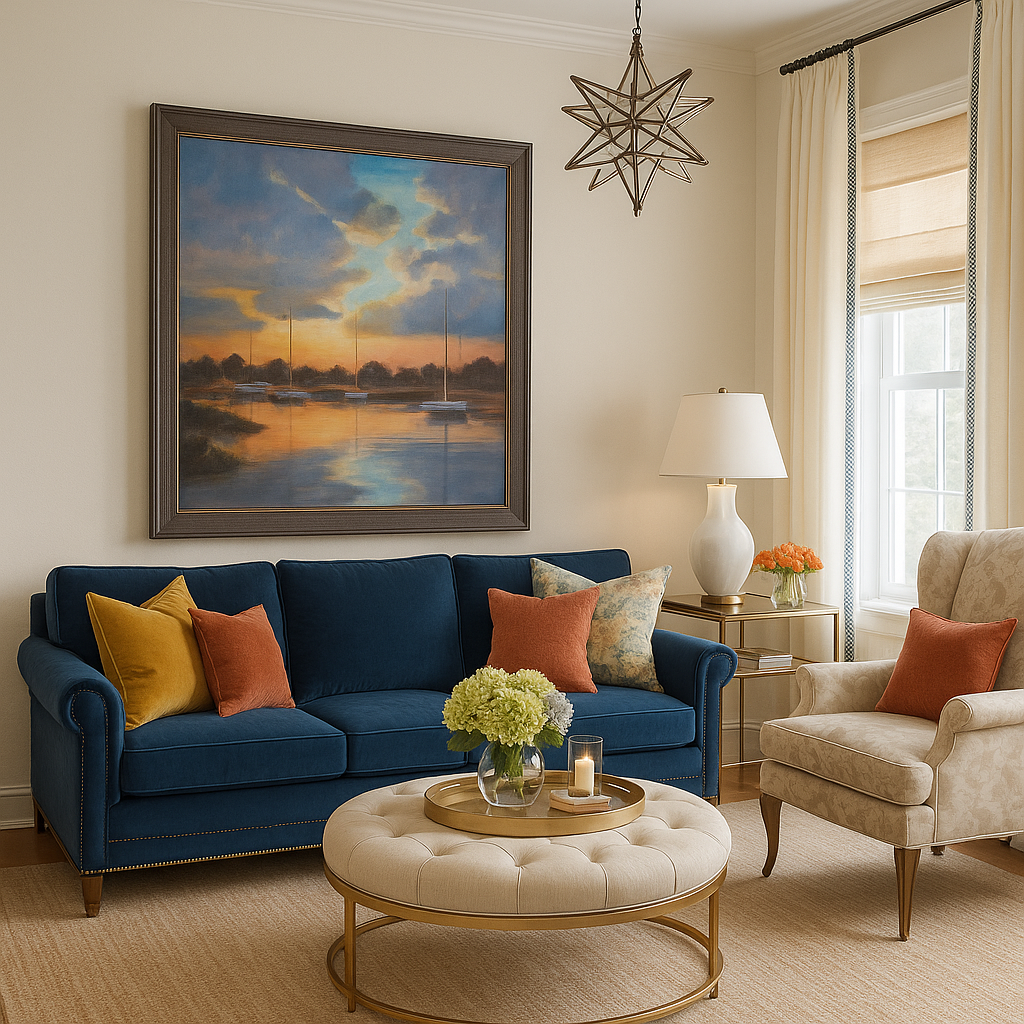 sunset painting in luxury room by Connecticut artist Linda Marino