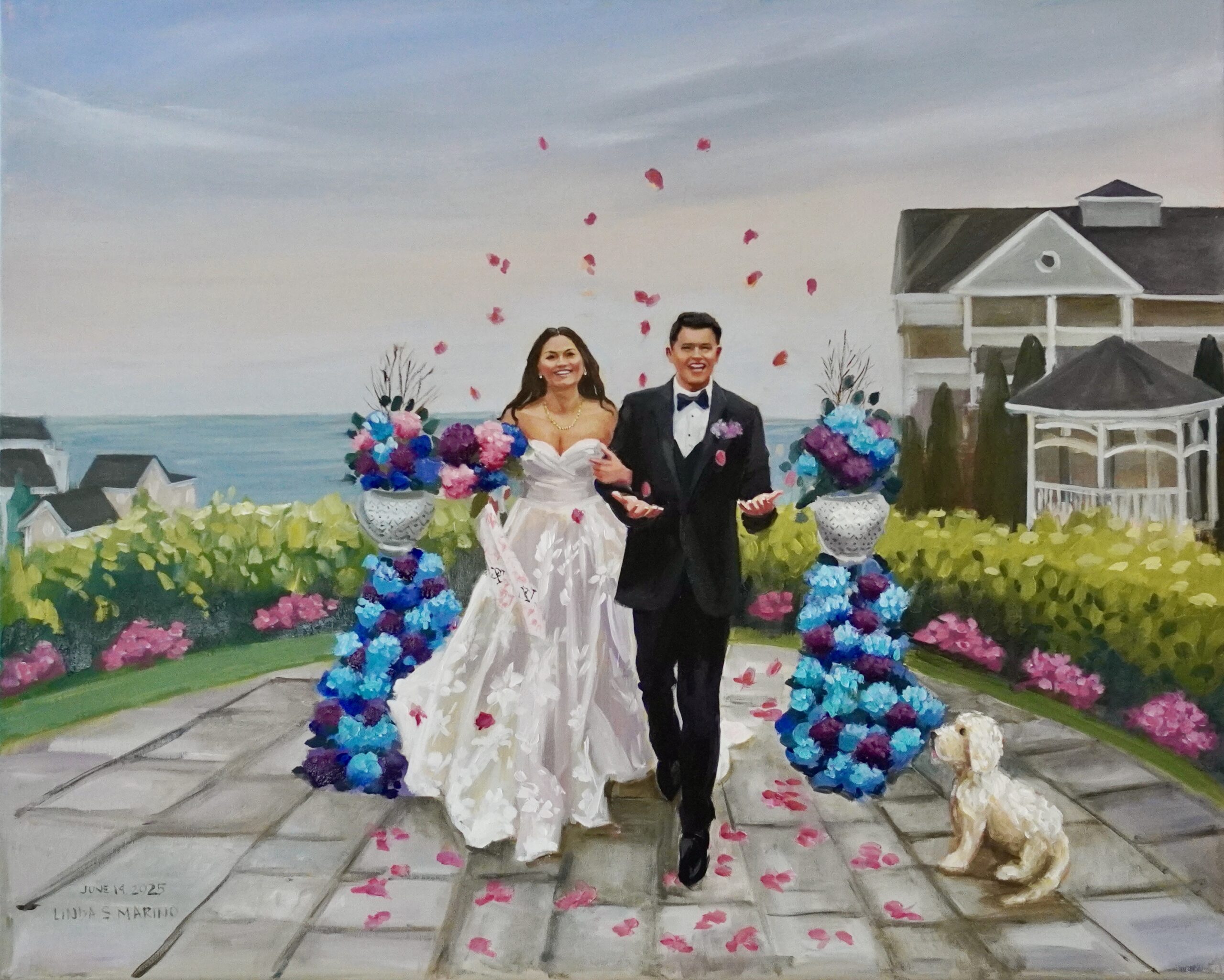 live wedding painting of couple walking with coastal scene