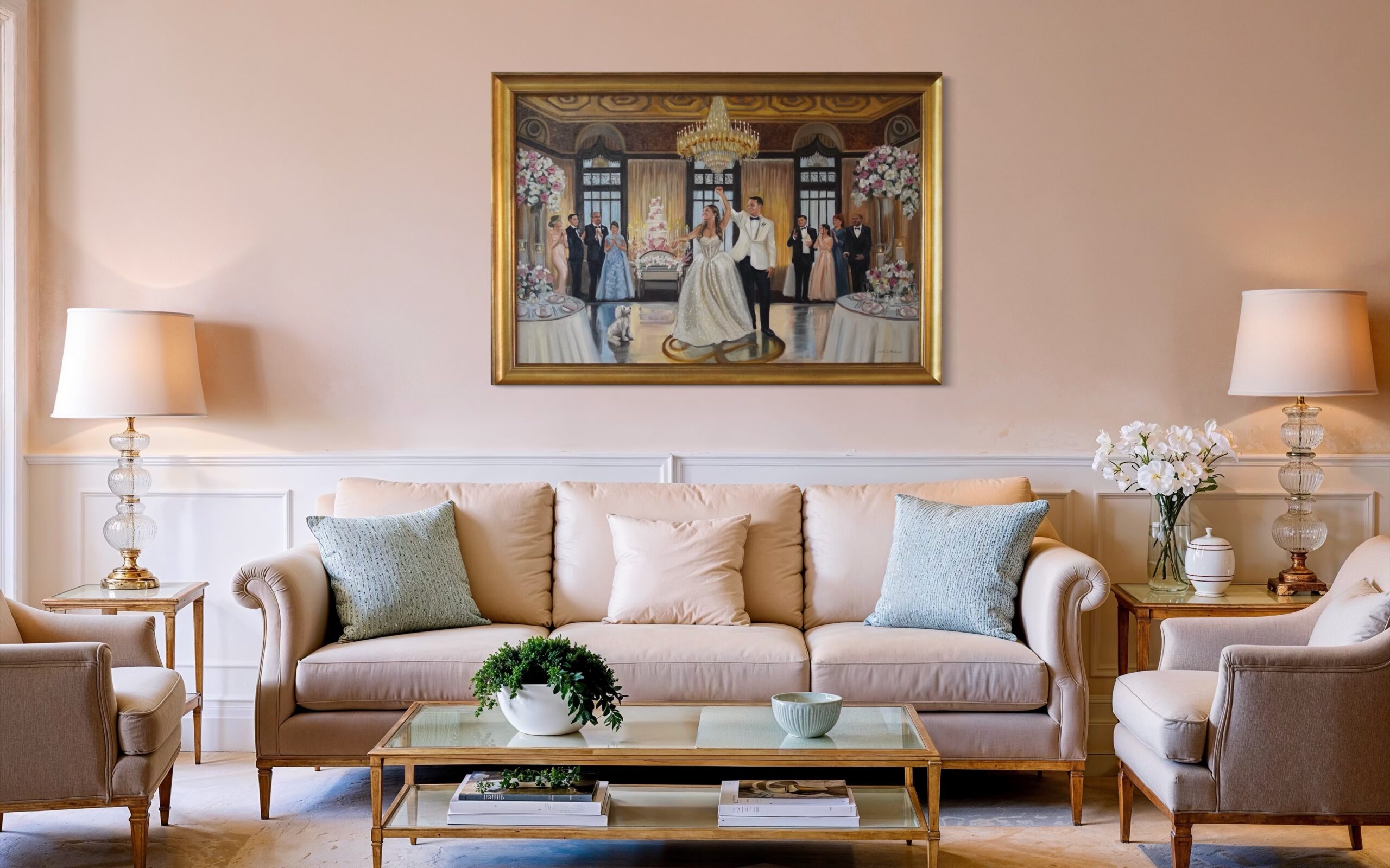 live wedding painting framed in living room setting