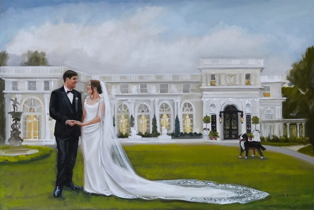 Live Wedding Painting of Couple in front of Newport Mansion