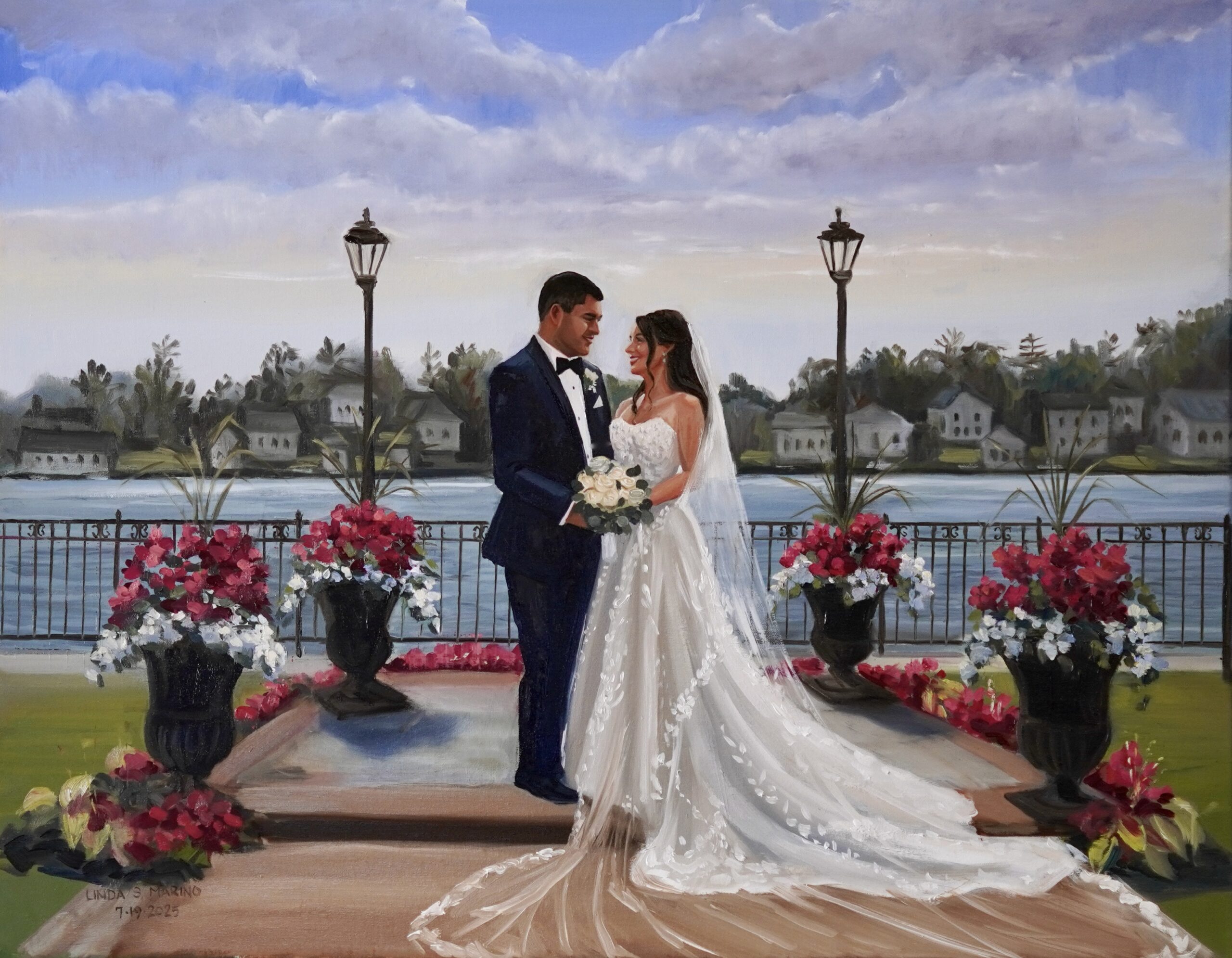 live wedding painting of bride and groom standing near water with potted plants
