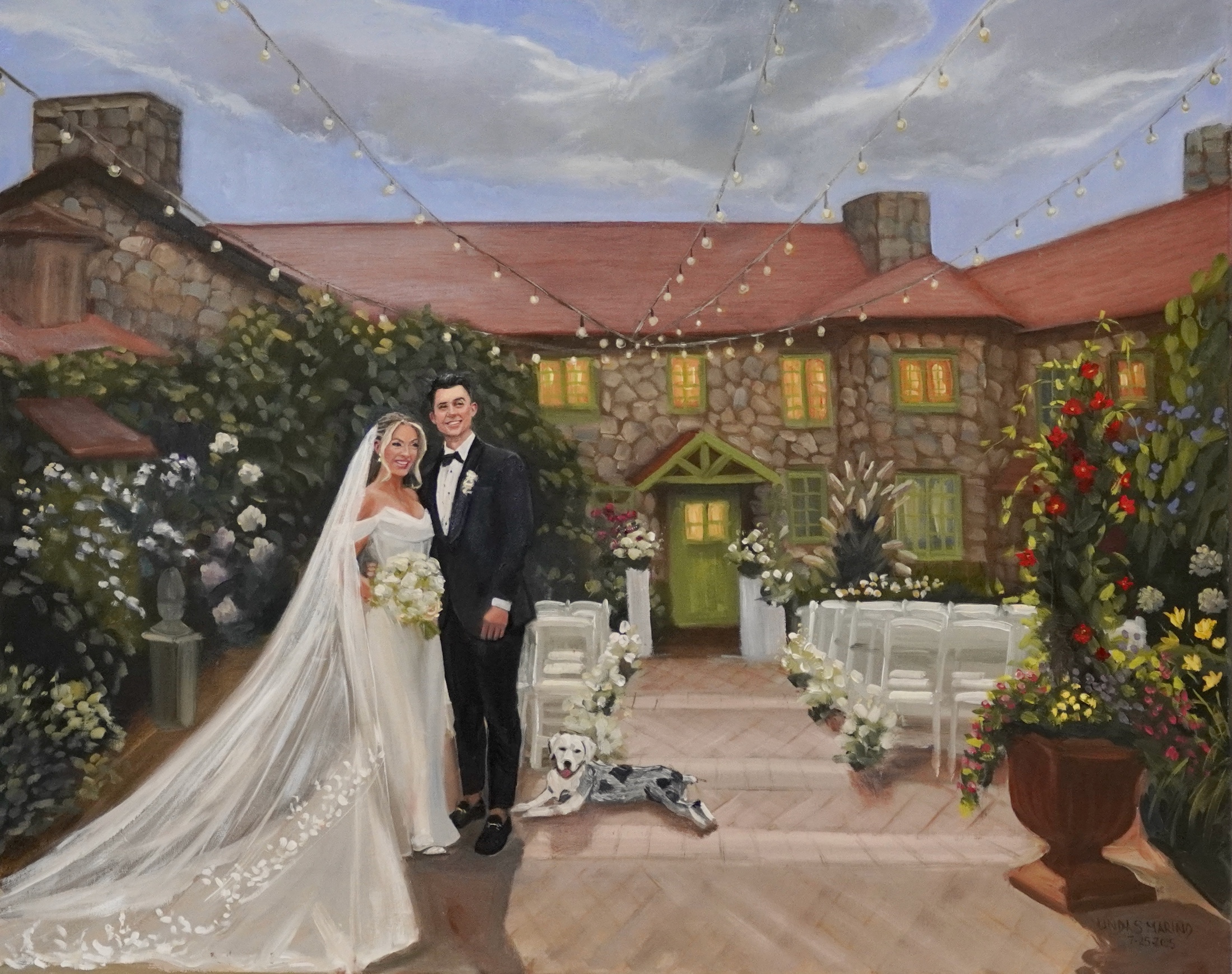 live wedding painting of bride and groom in garden courtyard