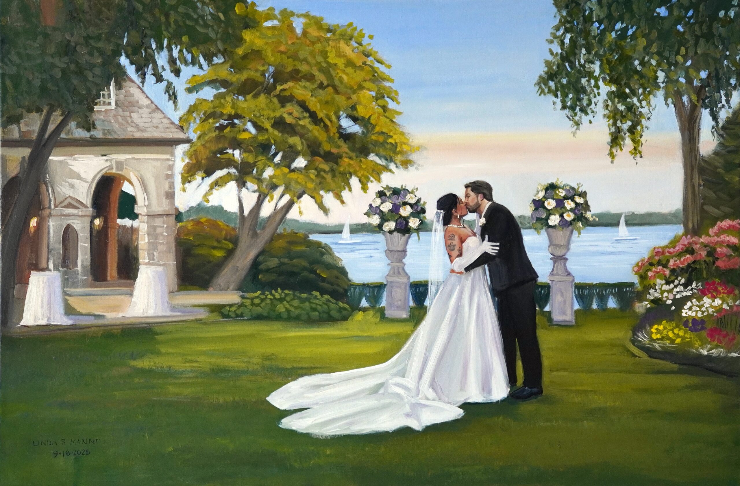 Live Wedding Painting bride and groom kiss at Glen Manor House Portsmouth RI