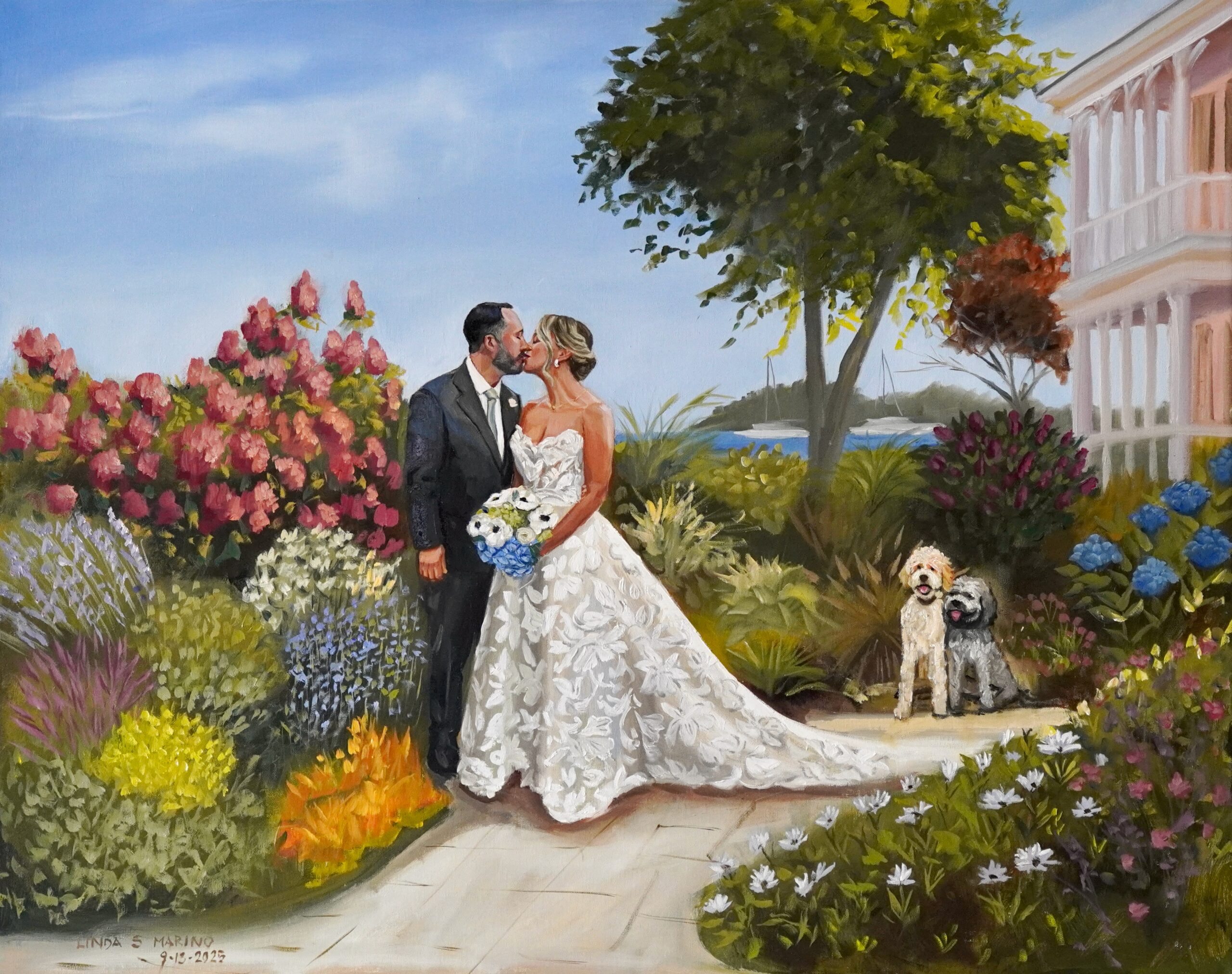 Live Wedding Painting Saybrook Point Inn Saybrook, CT couple kissing in the garden