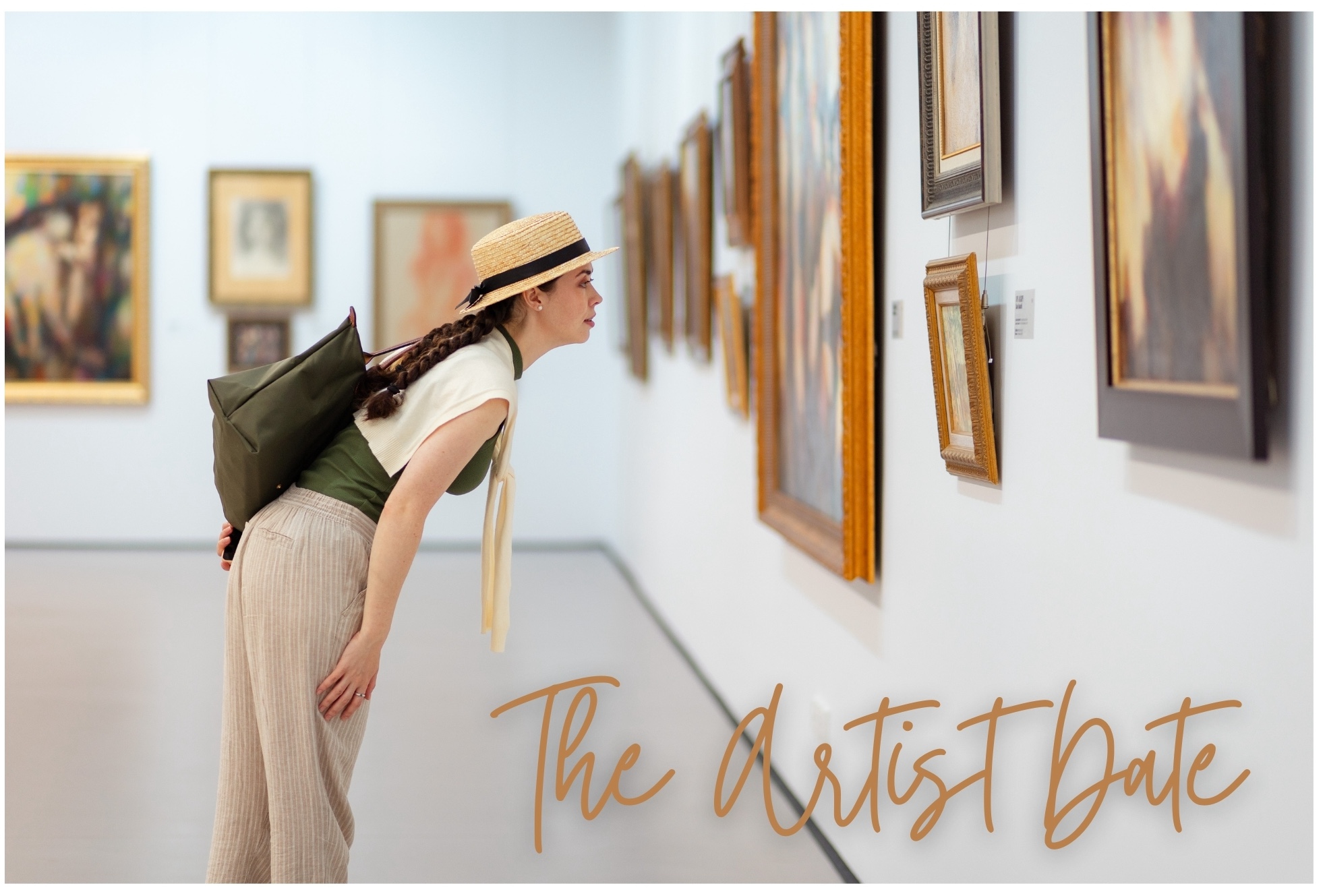 Artist visiting a museum gallery studying paintings closely during an artist date for creative inspiration